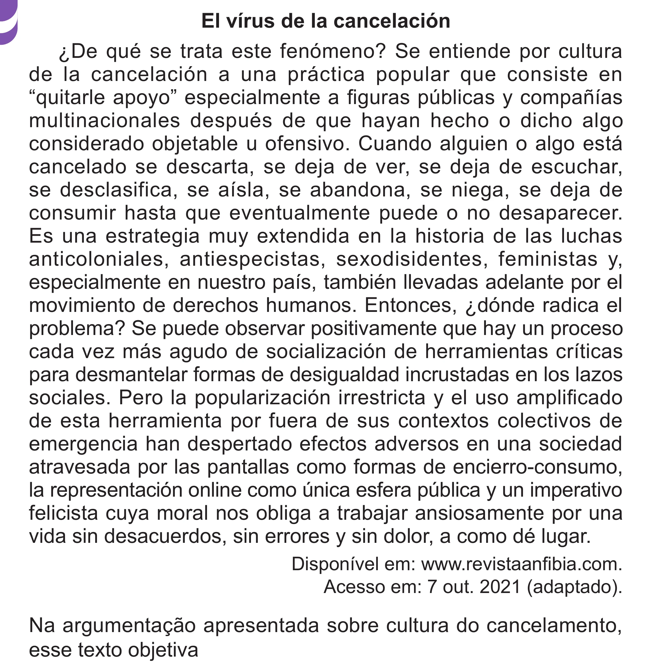 Enunciado original completo da questão 3 (espanhol) do ENEM 2024 - 1º Dia – Caderno 10 – Roxo (Libras) – Aplicação Regular - (Superampliada), página 10.
