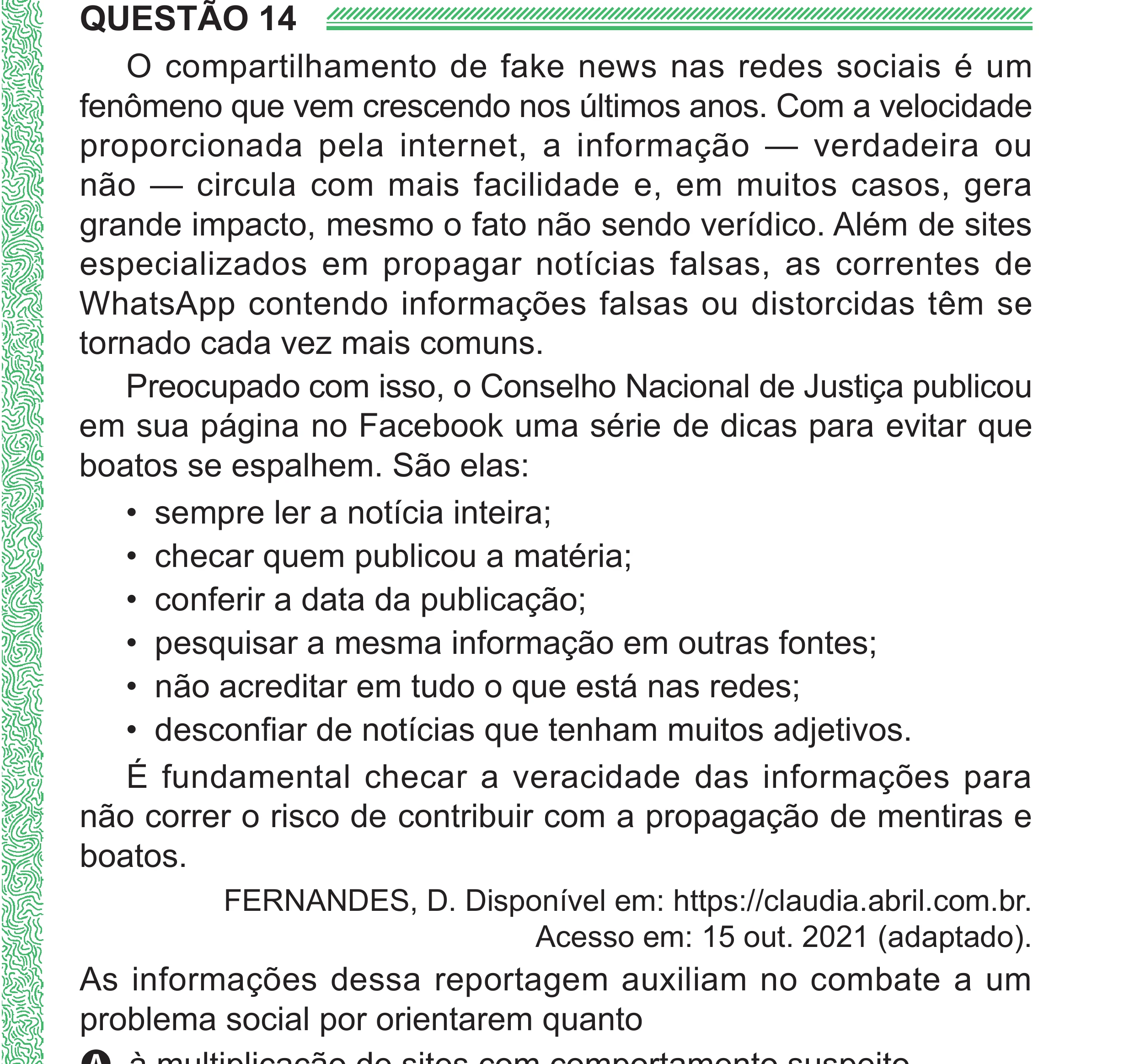Enunciado original completo da questão 14 do ENEM 2024 - 1º Dia – Caderno 4 – Verde (Superampliada) – Reaplicação/PPL, página 21.