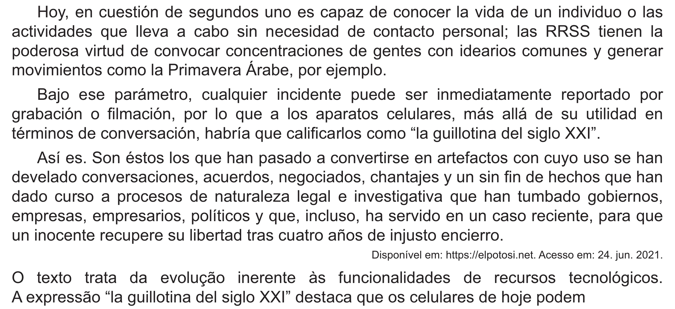 Enunciado original completo da questão 1 (espanhol) do ENEM 2021 - 1º Dia – Caderno 10 – Verde (Libras – Ampliada) – Aplicação Regular, página 7.