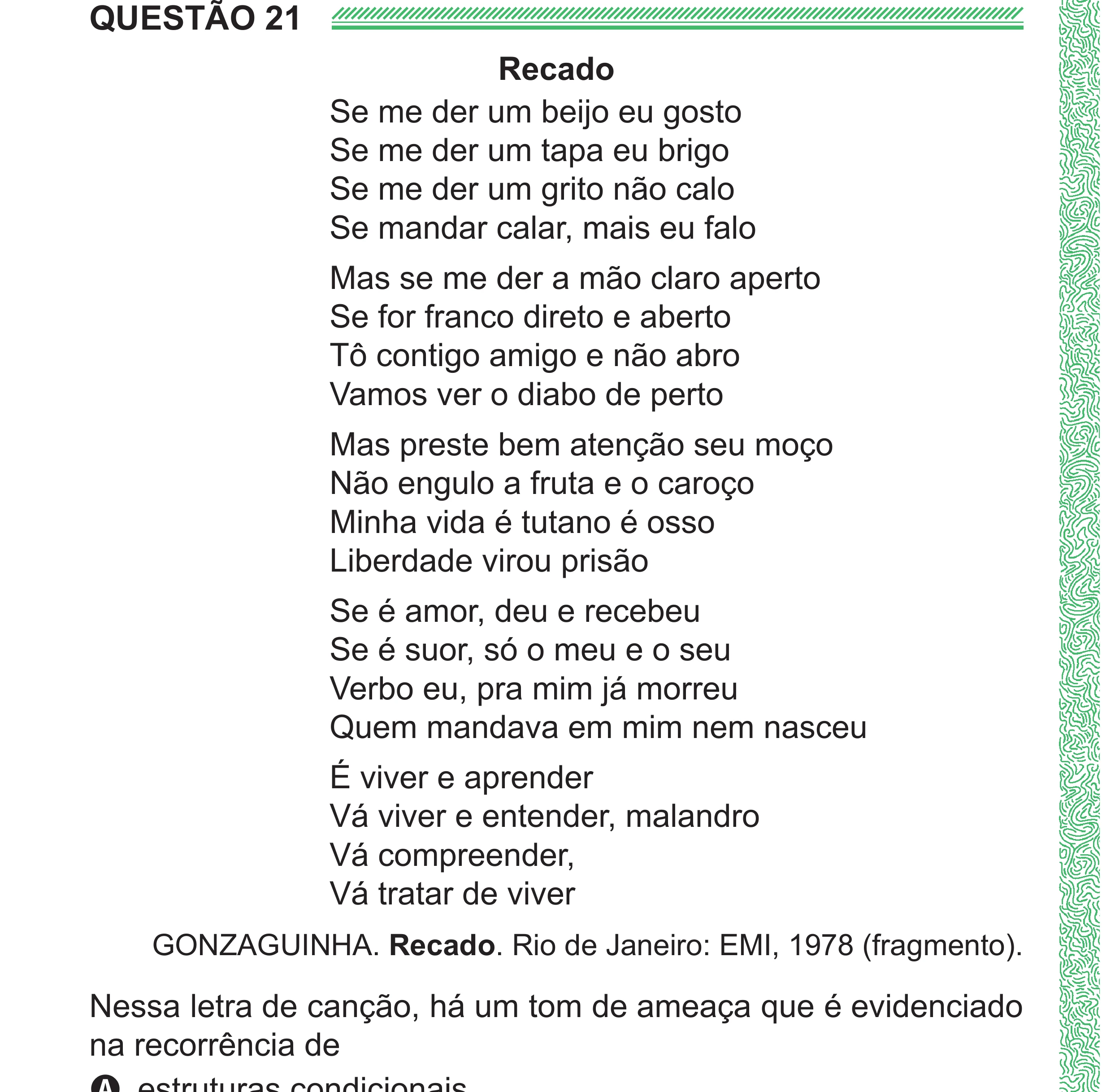 Enunciado original completo da questão 21 do ENEM 2024 - 1º Dia – Caderno 4 – Verde (Superampliada) – Reaplicação/PPL, página 28.