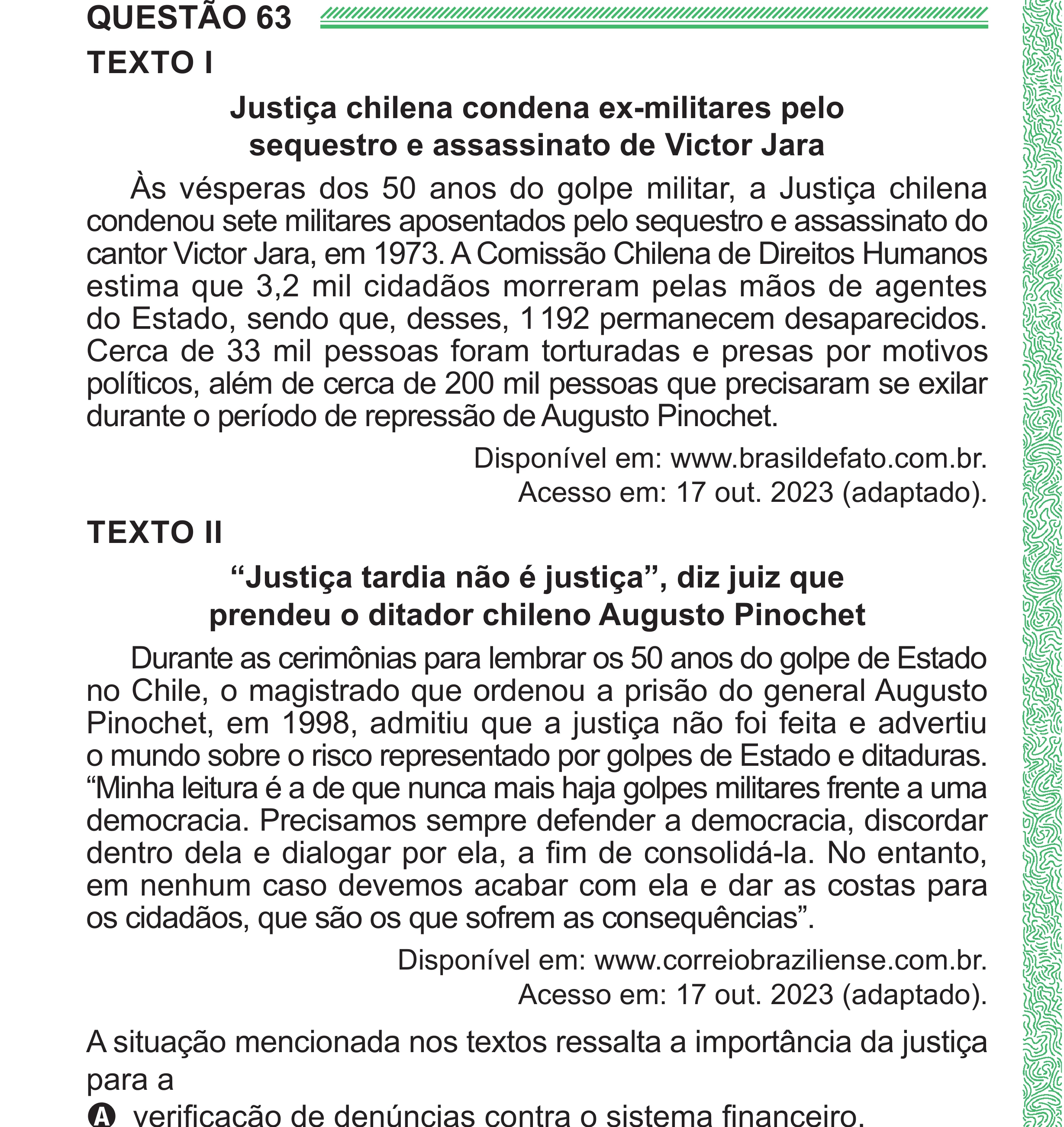 Enunciado original completo da questão 63 do ENEM 2024 - 1º Dia – Caderno 4 – Verde (Superampliada) – Reaplicação/PPL, página 70.