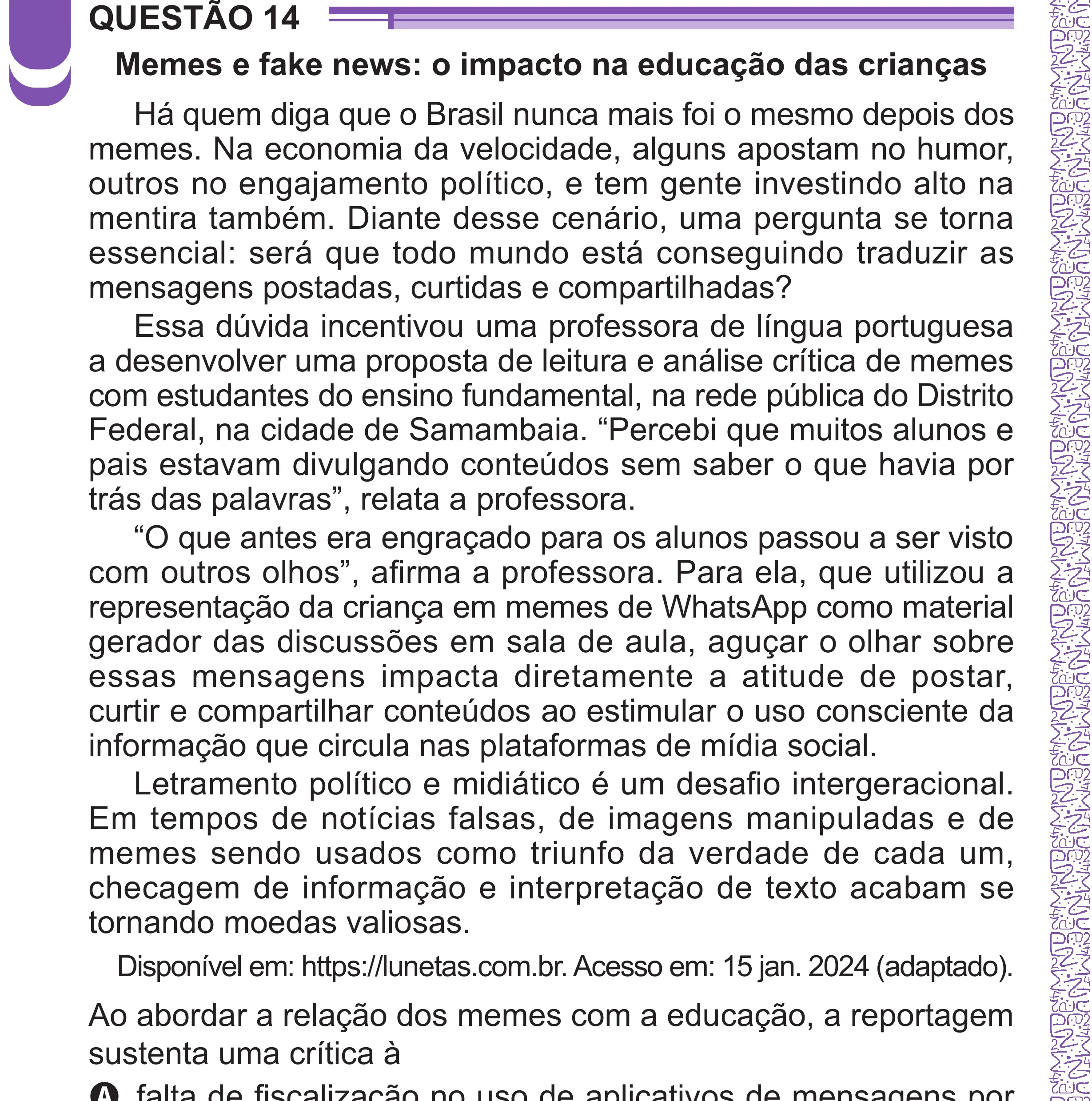 Enunciado original completo da questão 14 do ENEM 2024 - 1º Dia – Caderno 10 – Roxo (Libras) – Aplicação Regular - (Superampliada), página 22.