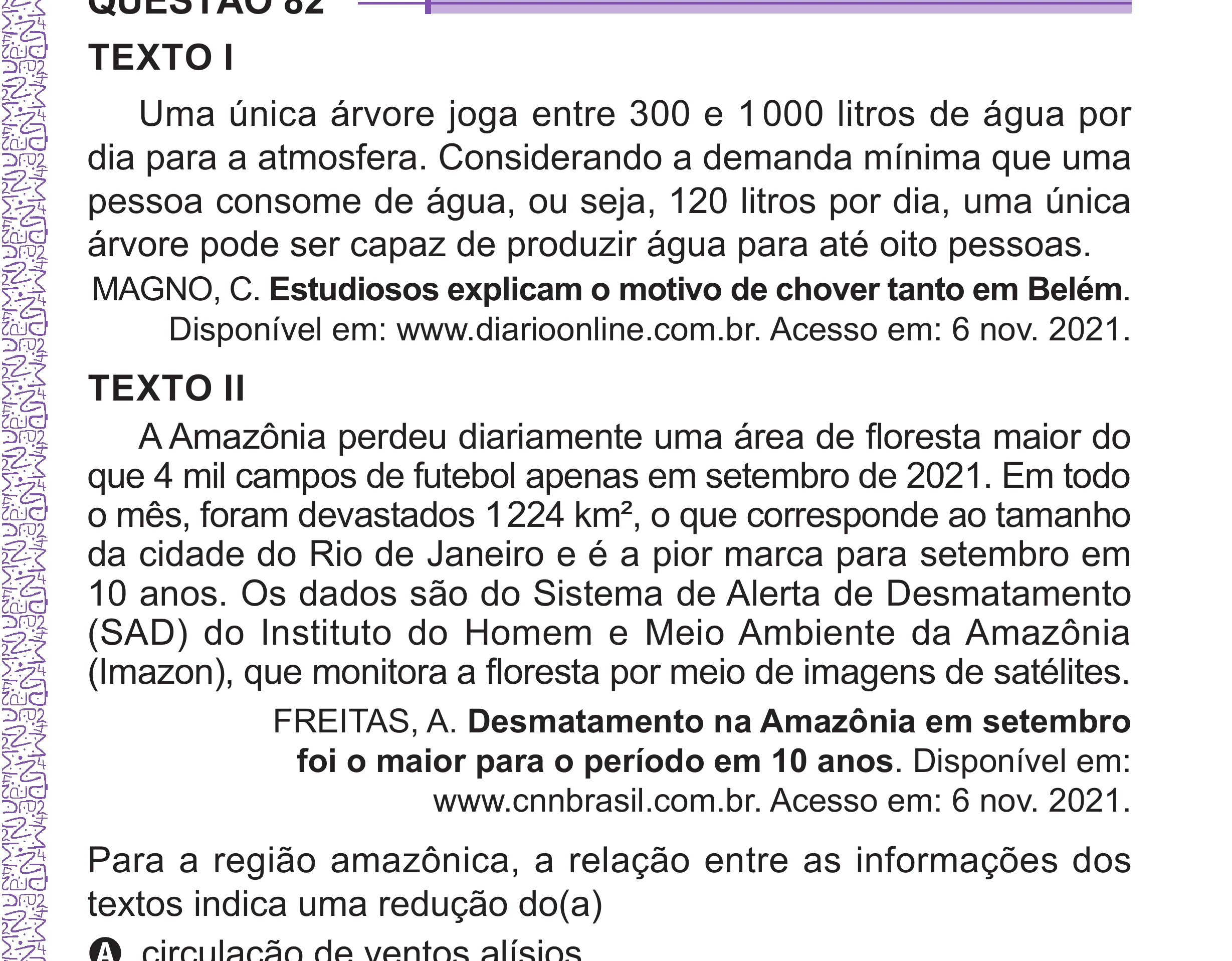 Enunciado original completo da questão 82 do ENEM 2024 - 1º Dia – Caderno 10 – Roxo (Libras) – Aplicação Regular - (Superampliada), página 87.
