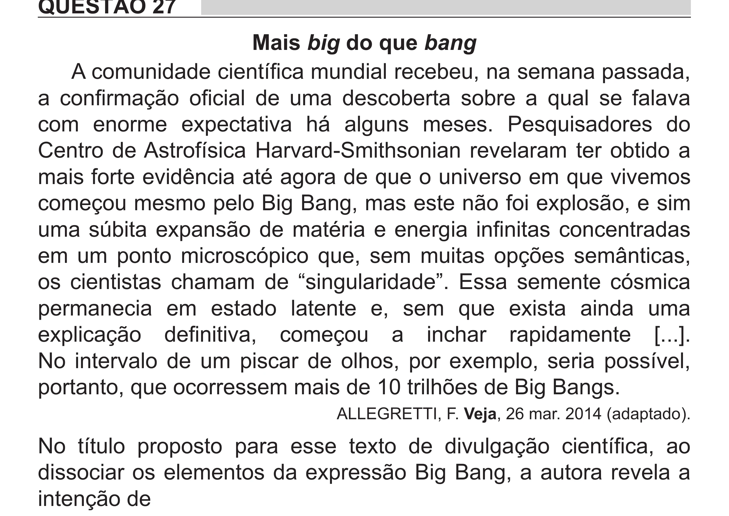 Enunciado original completo da questão 27 do ENEM 2018 - 1º Dia - Caderno 1 - Azul (Superampliada) – Aplicação regular, página 31.
