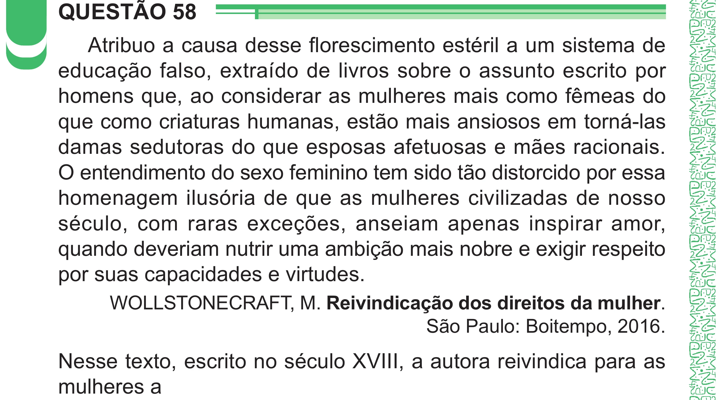 Enunciado original completo da questão 58 do ENEM 2024 - 1º Dia – Caderno 4 – Verde – Aplicação Regular - (Superampliada), página 70.