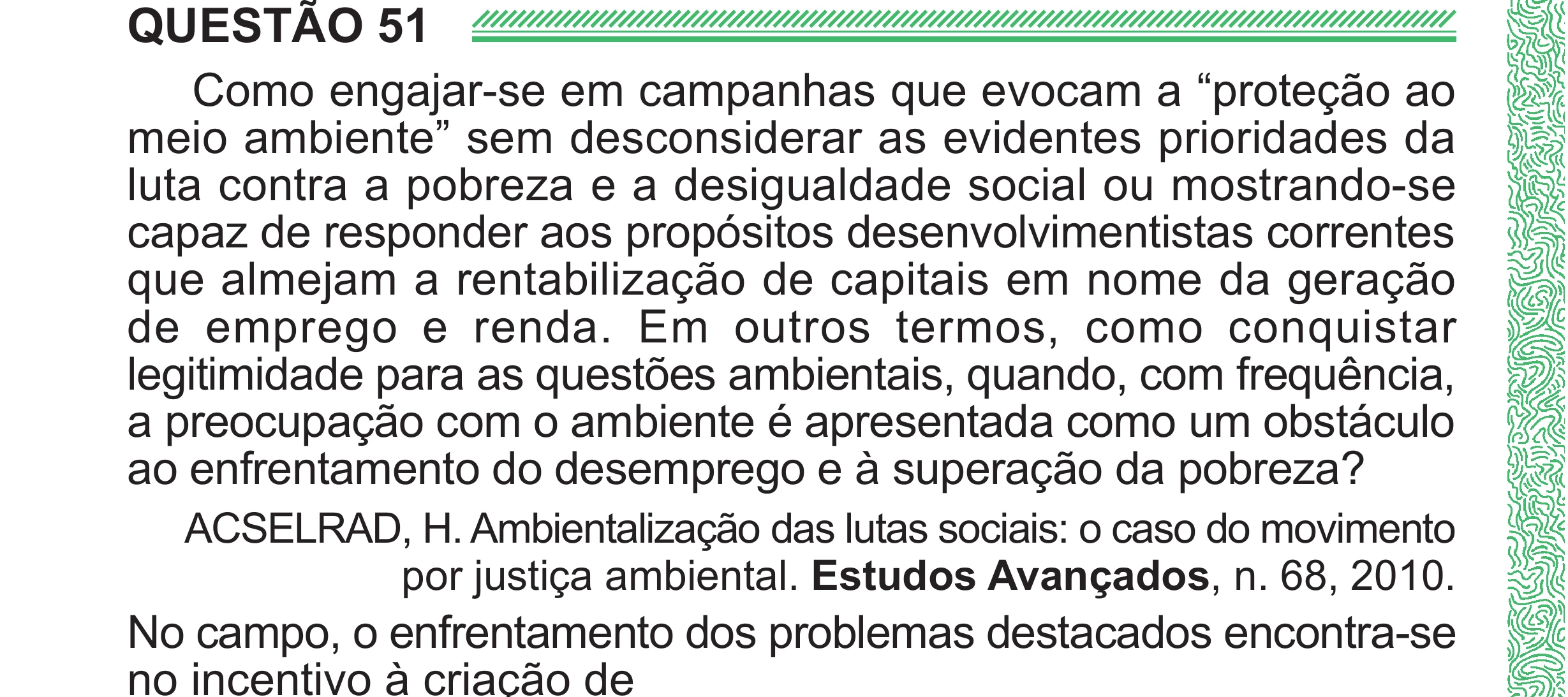 Enunciado original completo da questão 51 do ENEM 2024 - 1º Dia – Caderno 4 – Verde (Superampliada) – Reaplicação/PPL, página 64.