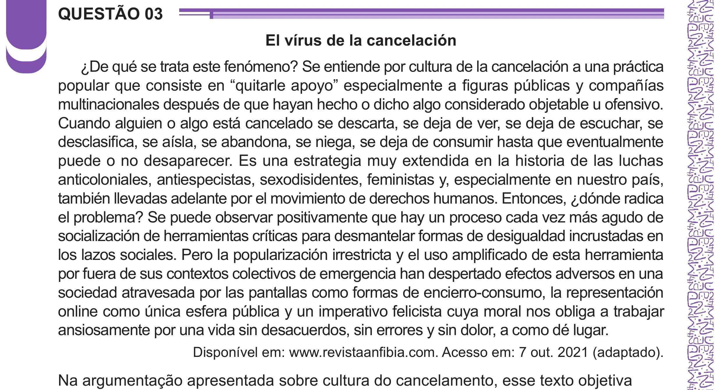 Enunciado original completo da questão 3 (espanhol) do ENEM 2024 - 1º Dia – Caderno 10 – Roxo (Libras) – Aplicação Regular - (Ampliada), página 8.