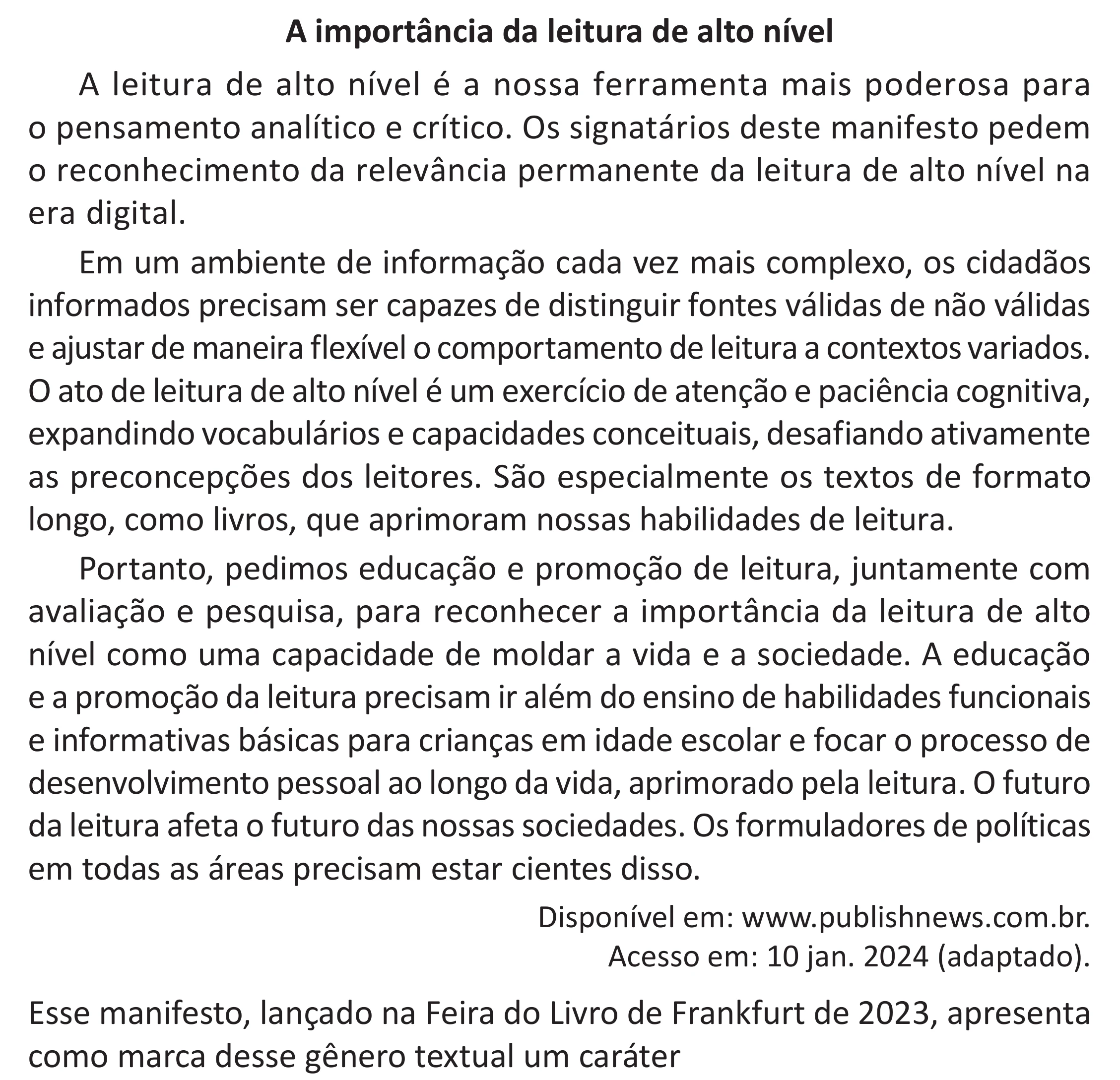 Enunciado original completo da questão 15 do ENEM 2025 - 1º Dia – Caderno 9 – Laranja (Braile e ledor) – Aplicação Regular - (Superampliada) - Belém, Ananindeua e Marituba, página 23.