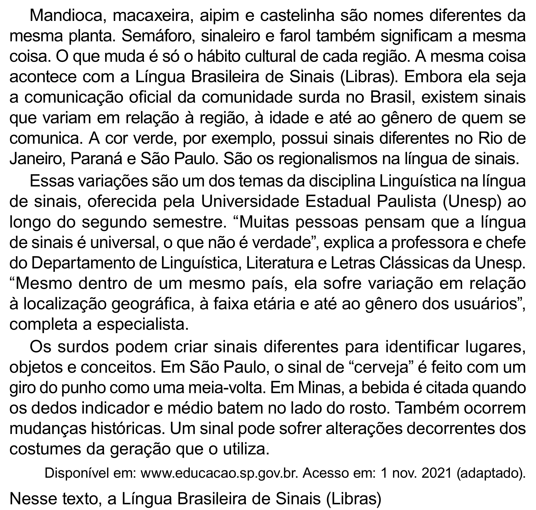 Enunciado original completo da questão 33 do ENEM 2023 - 1º Dia – Caderno 10 – Verde (Libras) – Aplicação Regular - (Superampliada), página 44.
