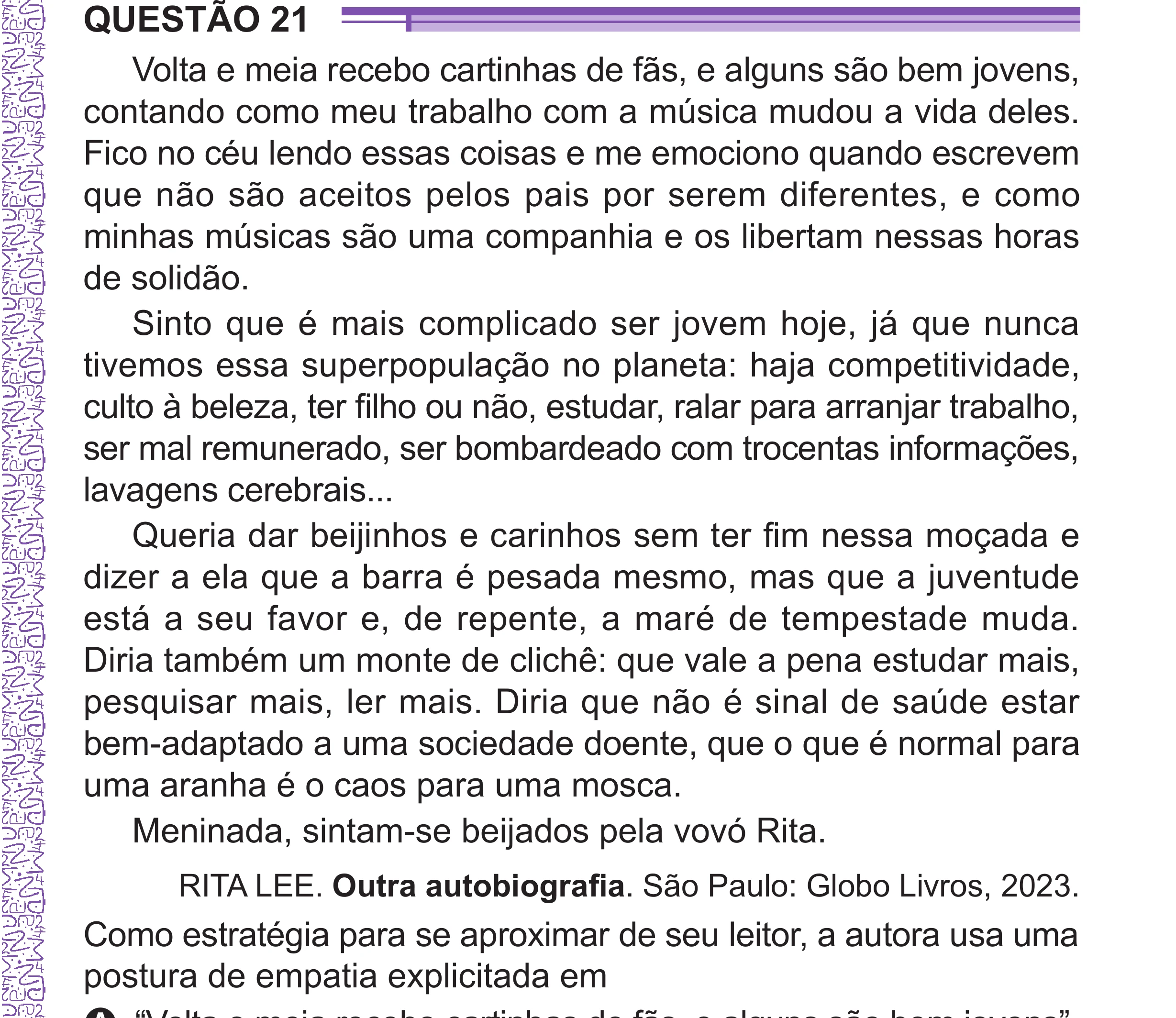 Enunciado original completo da questão 21 do ENEM 2024 - 1º Dia – Caderno 10 – Roxo (Libras) – Aplicação Regular - (Superampliada), página 29.