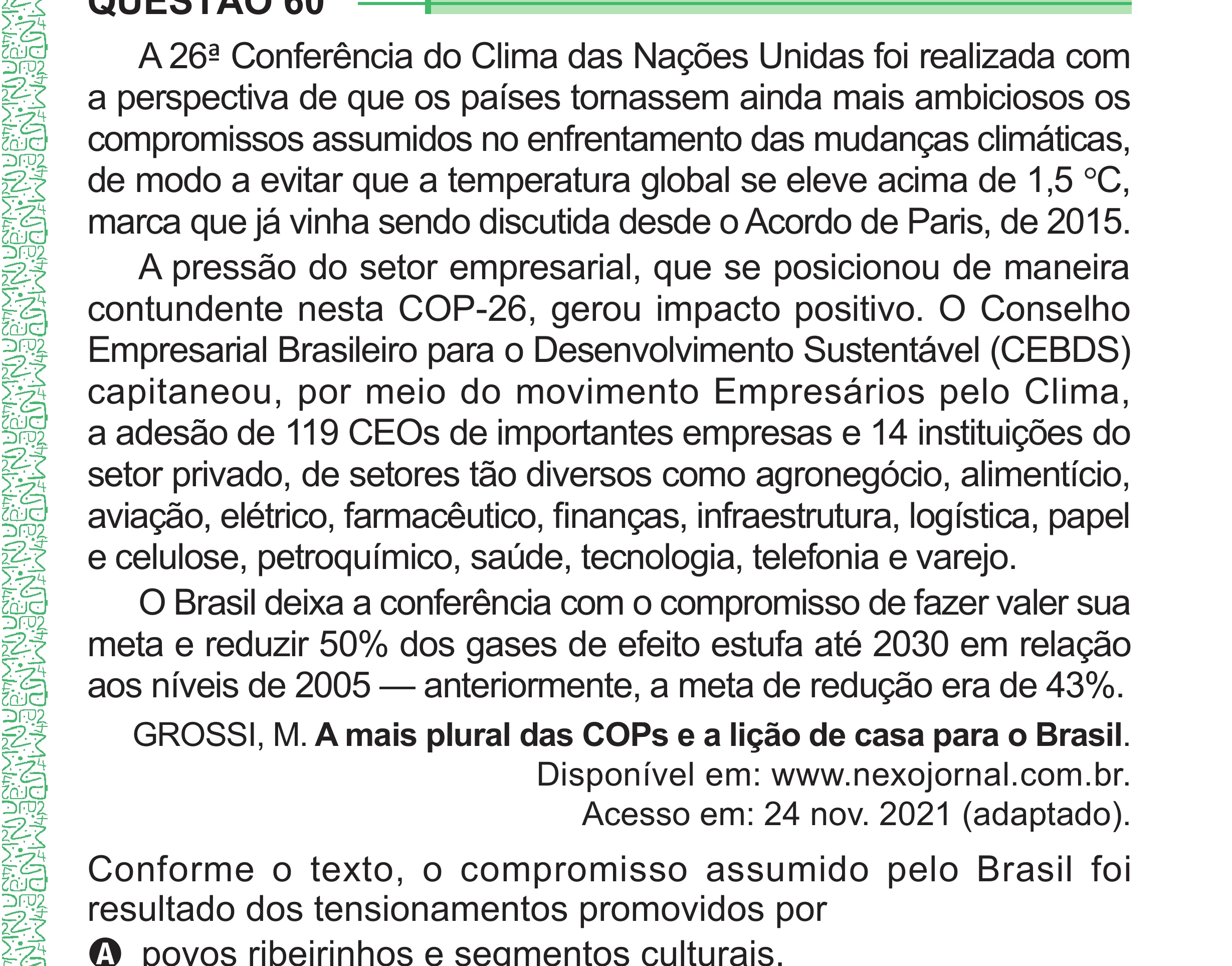 Enunciado original completo da questão 60 do ENEM 2024 - 1º Dia – Caderno 4 – Verde – Aplicação Regular - (Superampliada), página 71.