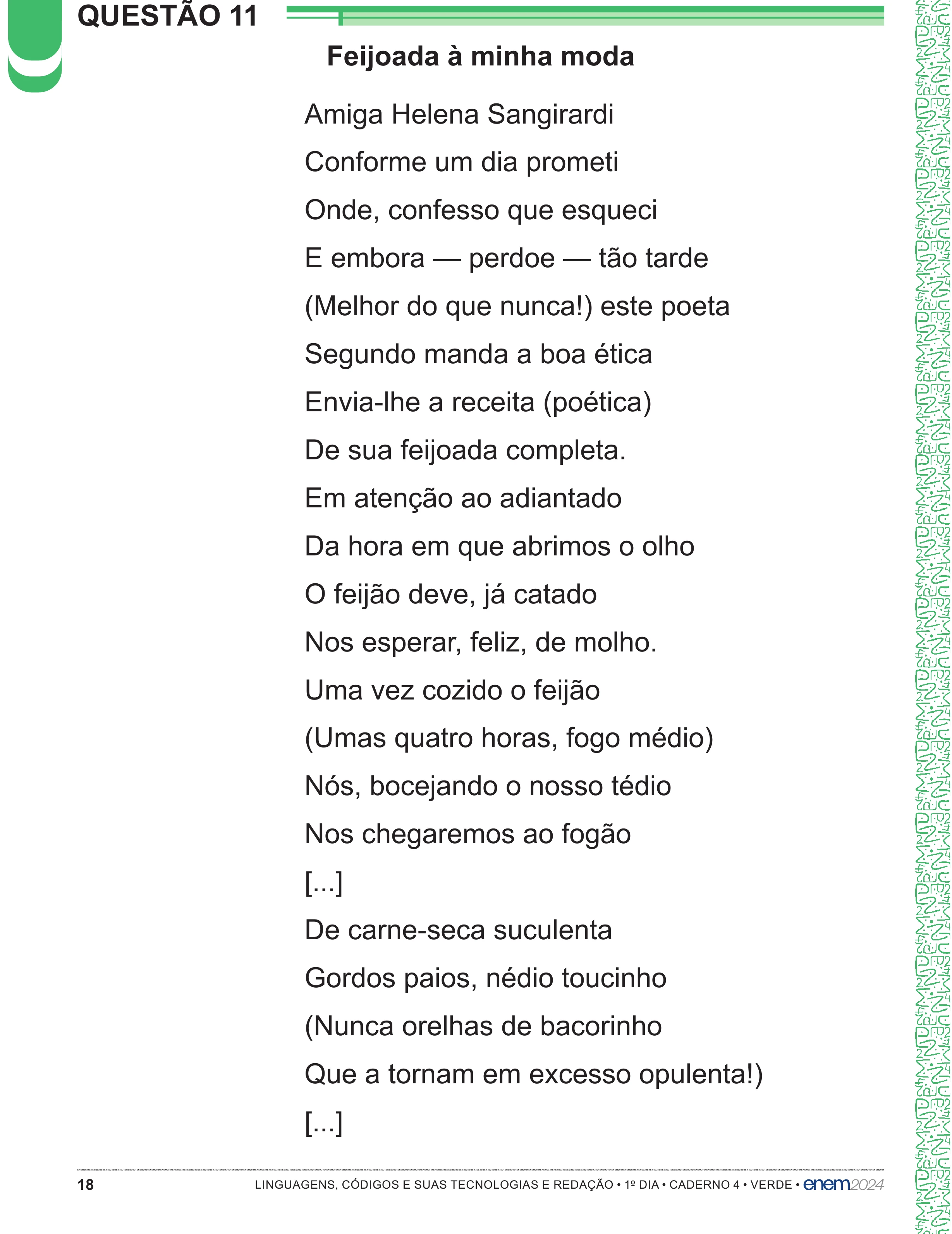 Enunciado original completo da questão 11 do ENEM 2024 - 1º Dia – Caderno 4 – Verde – Aplicação Regular - (Superampliada), página 18.
