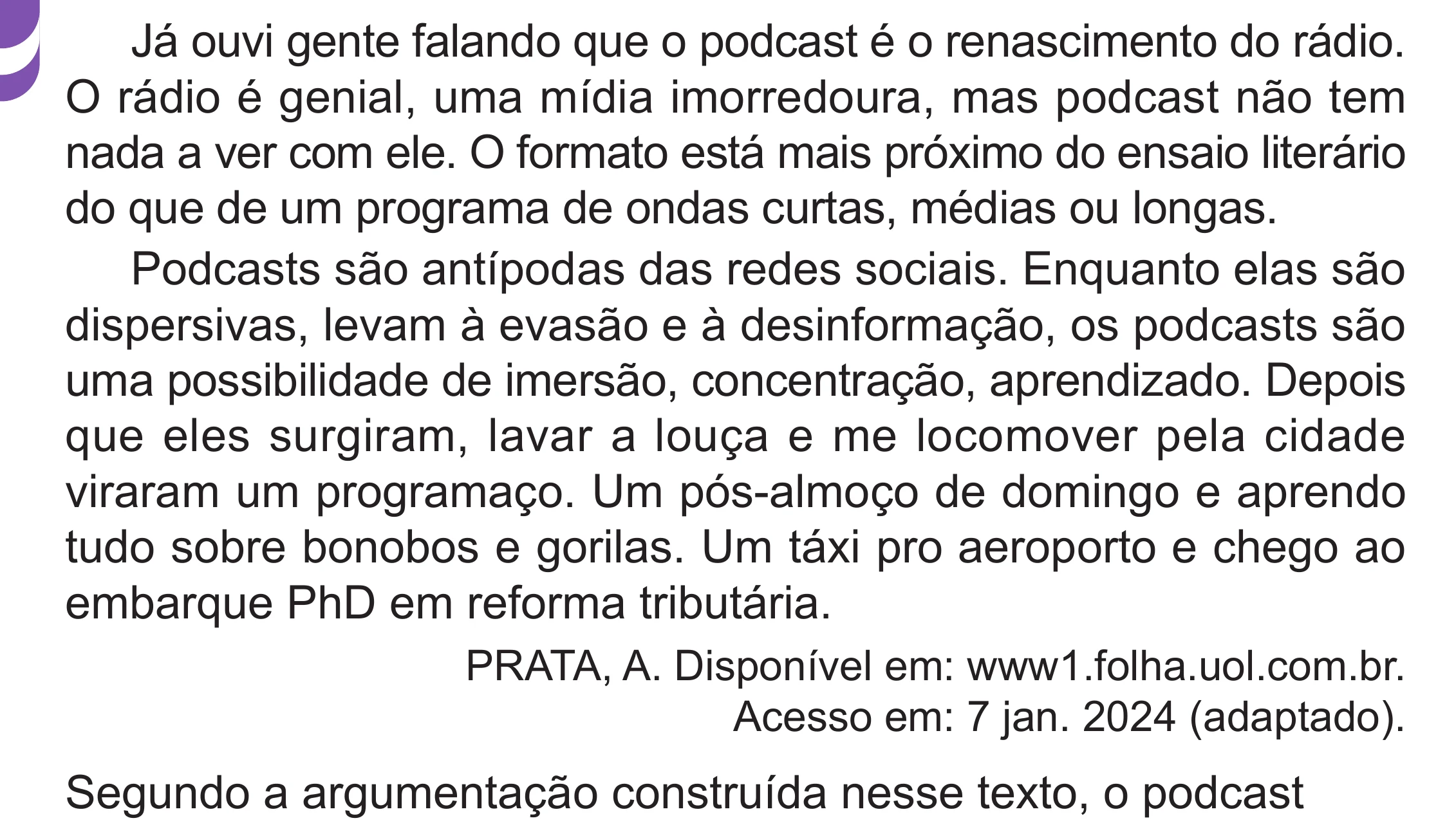 Enunciado original completo da questão 44 do ENEM 2024 - 1º Dia – Caderno 10 – Roxo (Libras) – Aplicação Regular - (Superampliada), página 56.