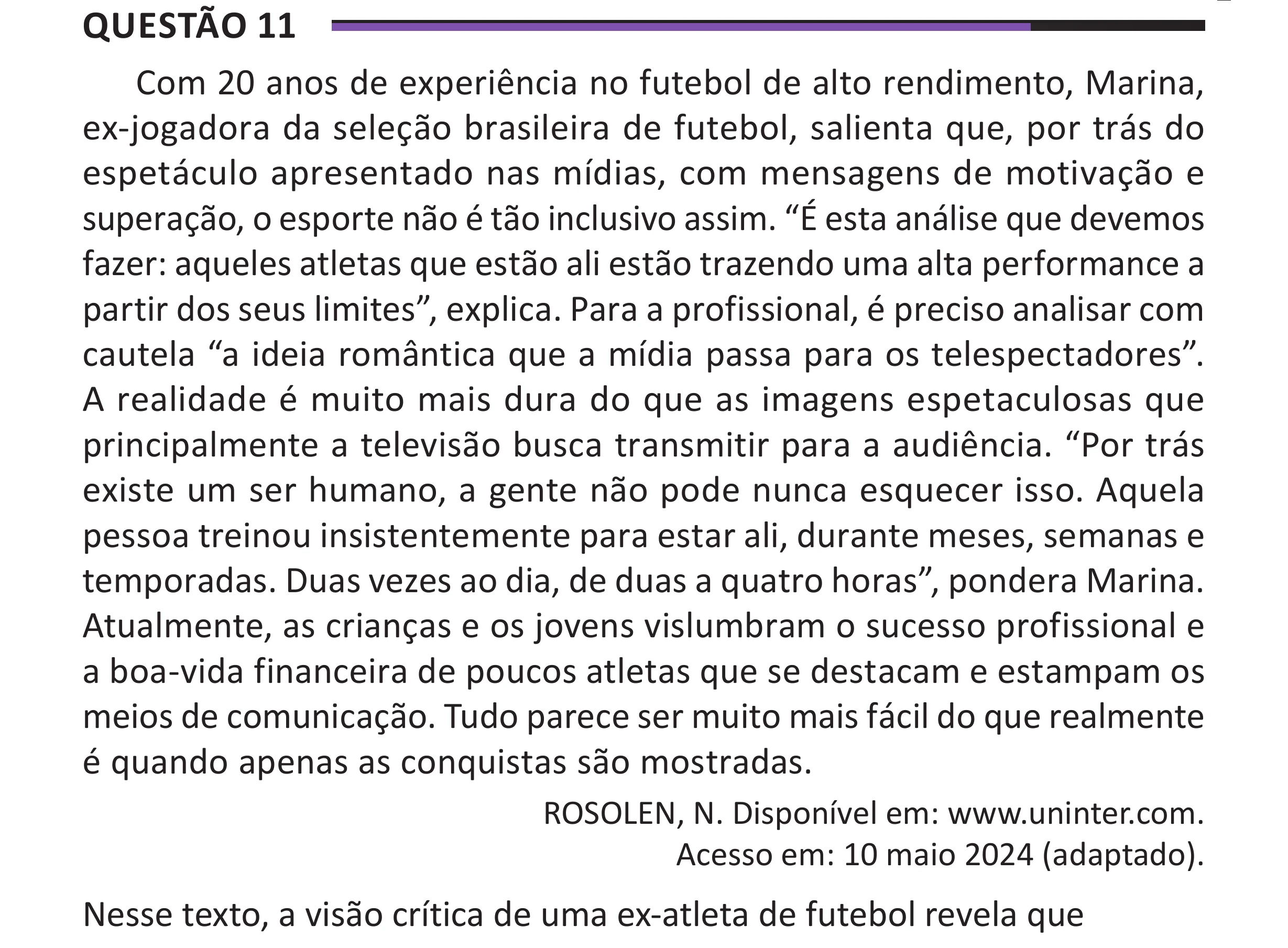 Enunciado original completo da questão 11 do ENEM 2025 - 1º Dia – Caderno 10 – Roxo (Libras) – Aplicação Regular - (Superampliada), página 17.