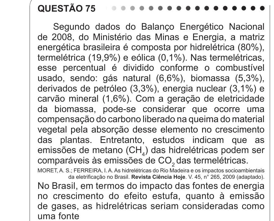 Enunciado original completo da questão 75 do ENEM 2011 - 1º Dia - Caderno 3 - Branco – Aplicação regular, página 26.