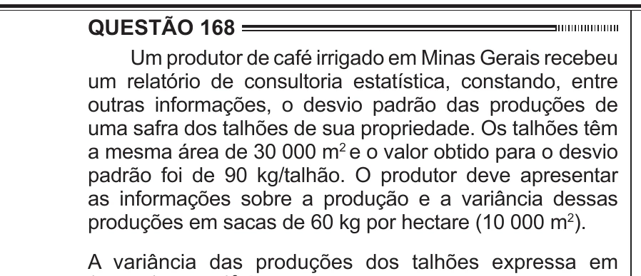 Enunciado original completo da questão 168 do ENEM 2012 - 2º Dia - Caderno 8 - Rosa – Aplicação regular, página 29.