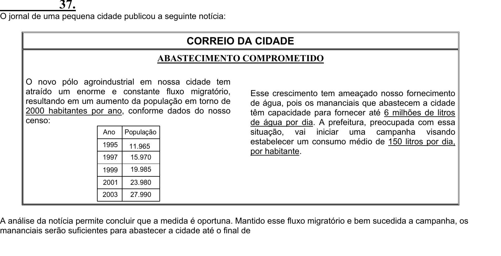 Enunciado original completo da questão 37 do ENEM 2004 - Caderno Amarelo, página 14.