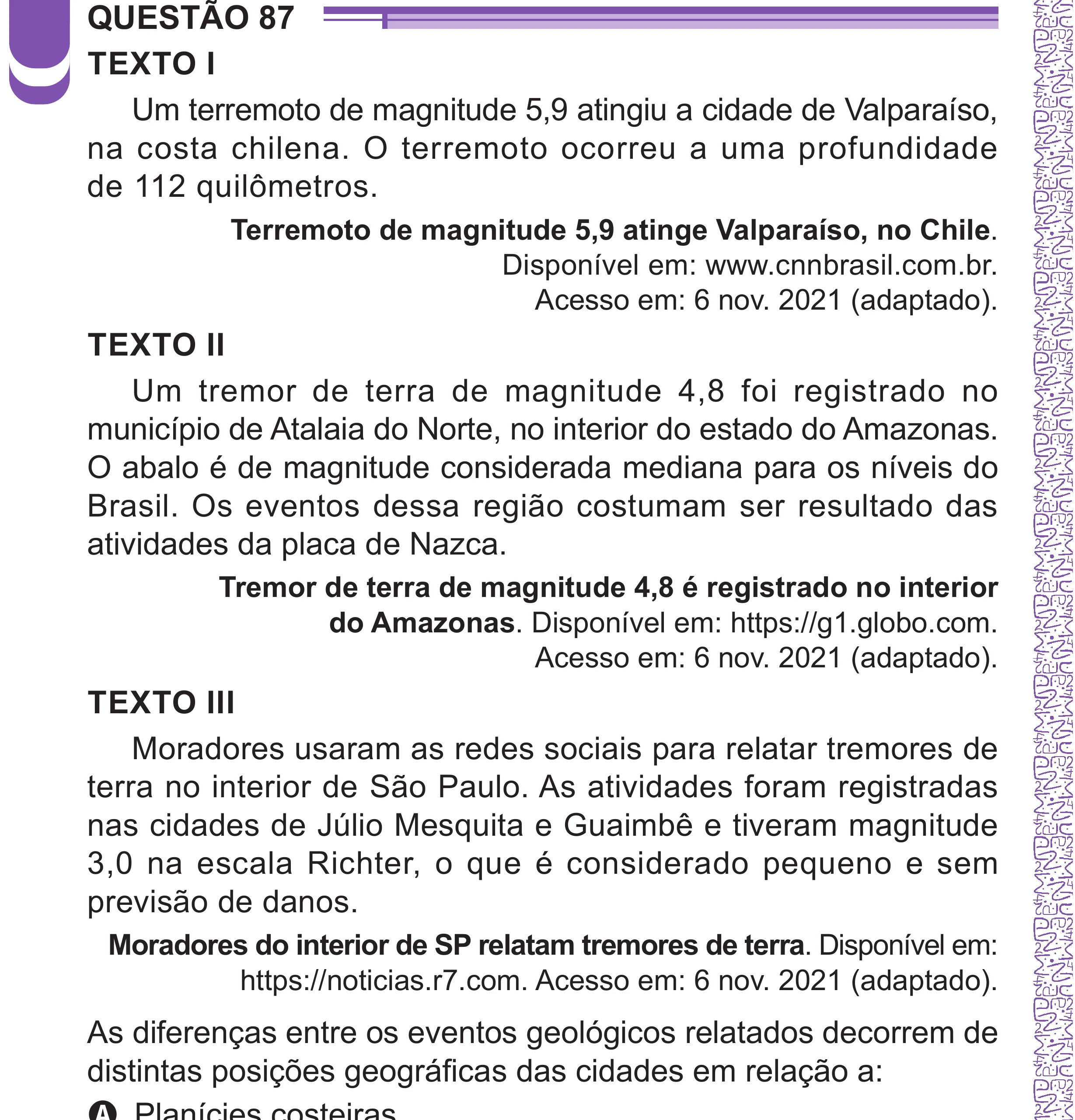Enunciado original completo da questão 87 do ENEM 2024 - 1º Dia – Caderno 10 – Roxo (Libras) – Aplicação Regular - (Superampliada), página 92.