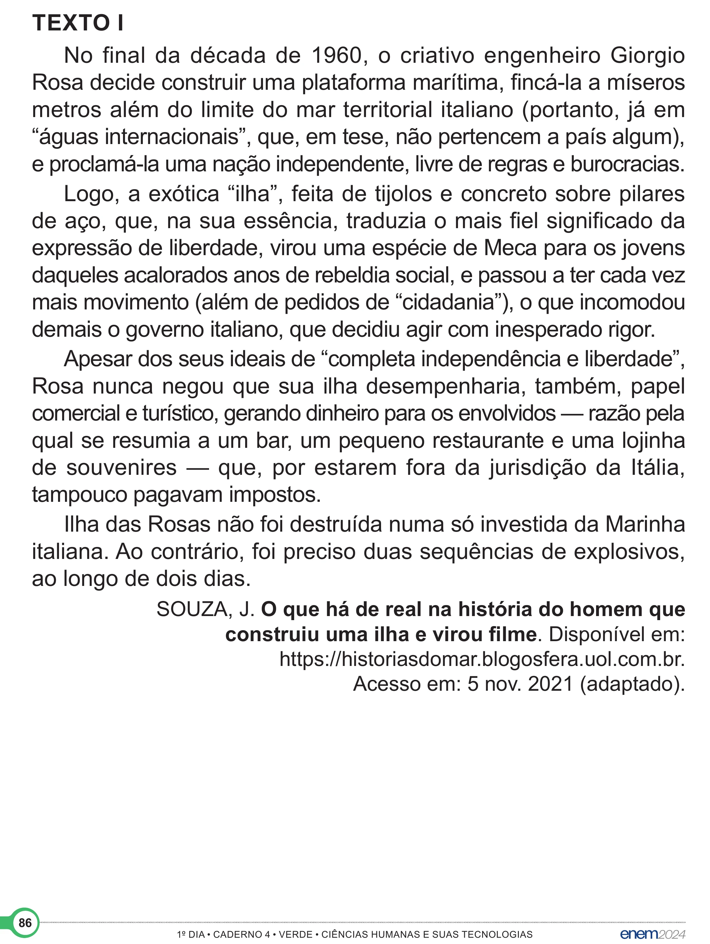 Enunciado original completo da questão 81 do ENEM 2024 - 1º Dia – Caderno 4 – Verde (Superampliada) – Reaplicação/PPL, página 86.