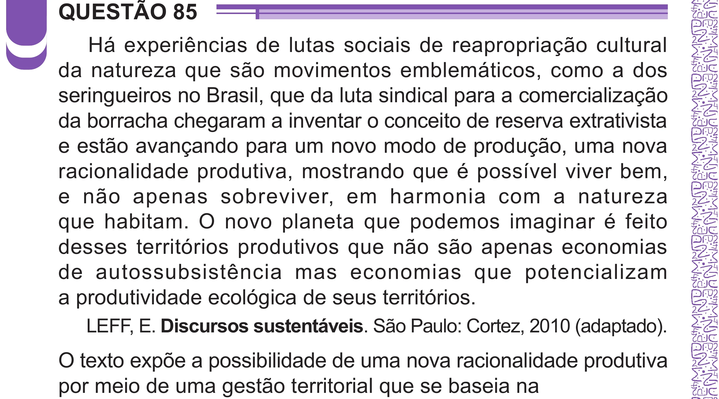 Enunciado original completo da questão 85 do ENEM 2024 - 1º Dia – Caderno 10 – Roxo (Libras) – Aplicação Regular - (Superampliada), página 90.