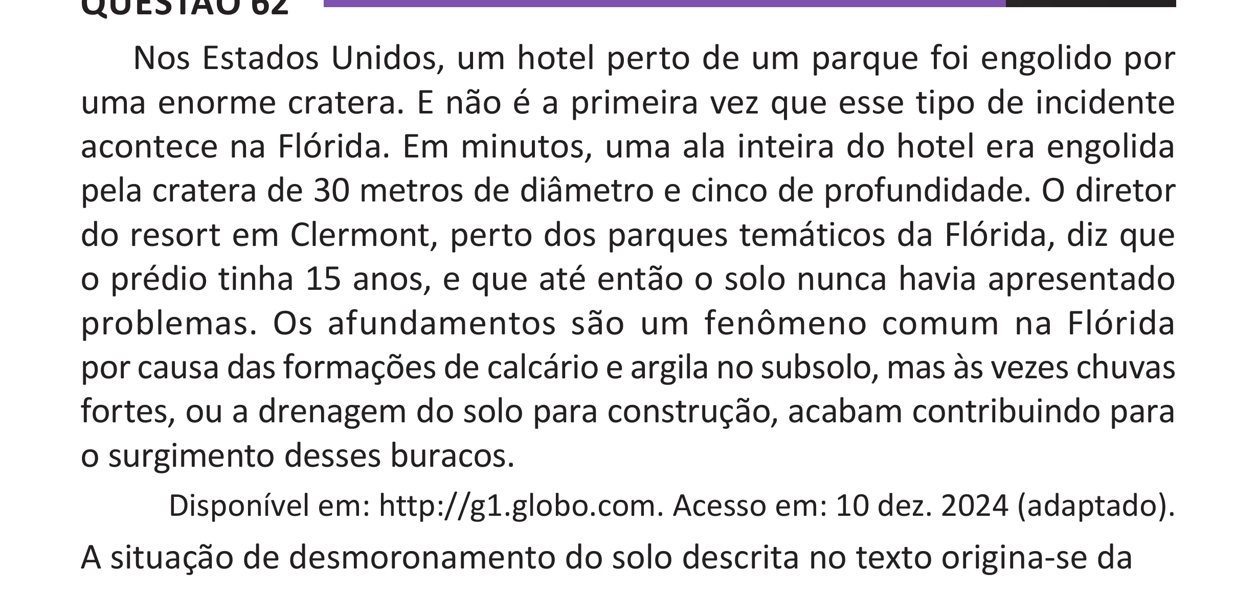 Enunciado original completo da questão 62 do ENEM 2025 - 1º Dia – Caderno 10 – Roxo (Libras) – Aplicação Regular - (Superampliada), página 71.