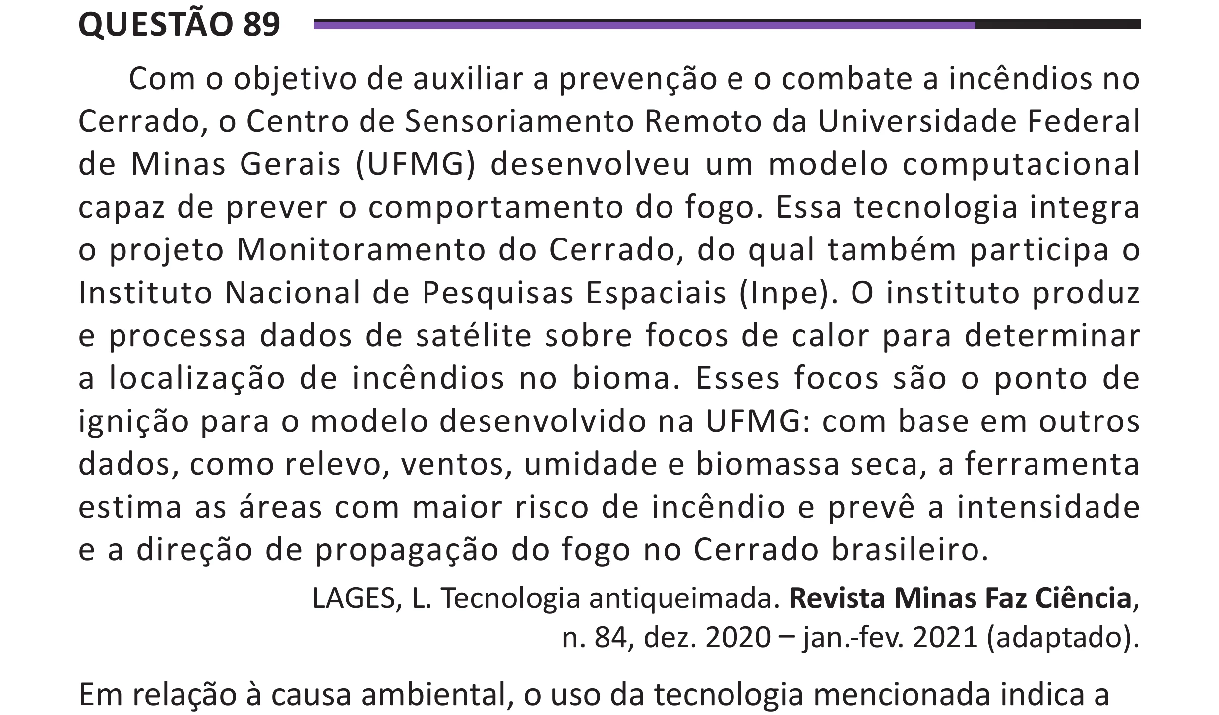 Enunciado original completo da questão 89 do ENEM 2025 - 1º Dia – Caderno 10 – Roxo (Libras) – Aplicação Regular - (Superampliada), página 94.