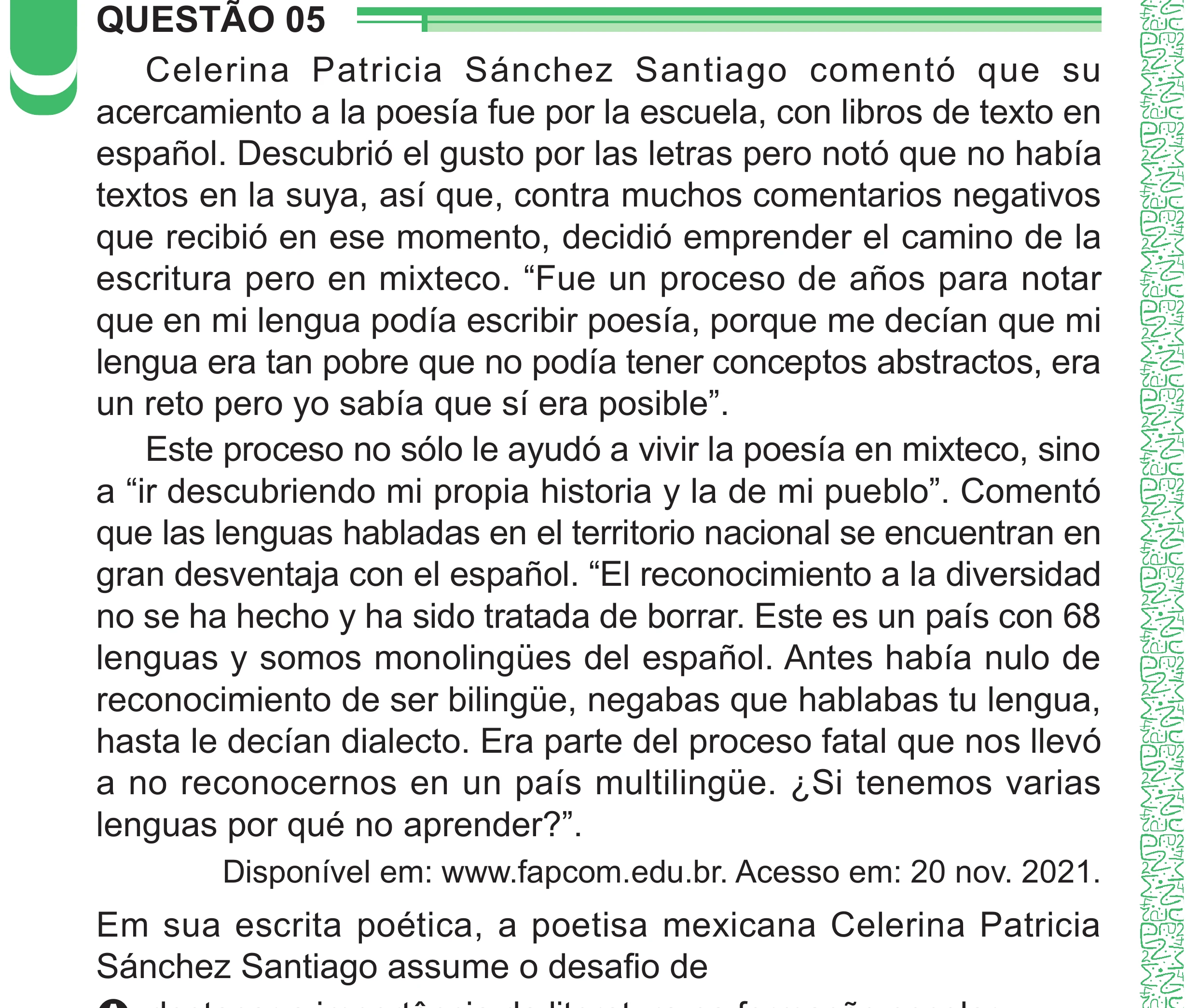 Enunciado original completo da questão 5 (espanhol) do ENEM 2024 - 1º Dia – Caderno 4 – Verde – Aplicação Regular - (Superampliada), página 12.