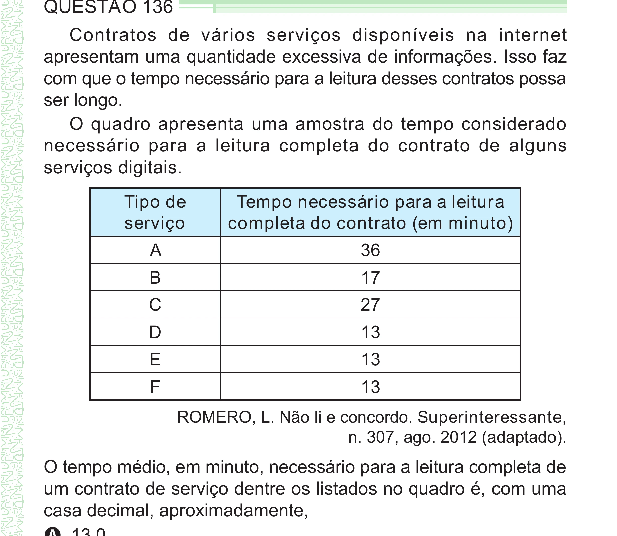 Enunciado original completo da questão 136 do ENEM 2024 - 2º Dia – Caderno 8 – Verde – Aplicação Regular - (Superampliada), página 51.
