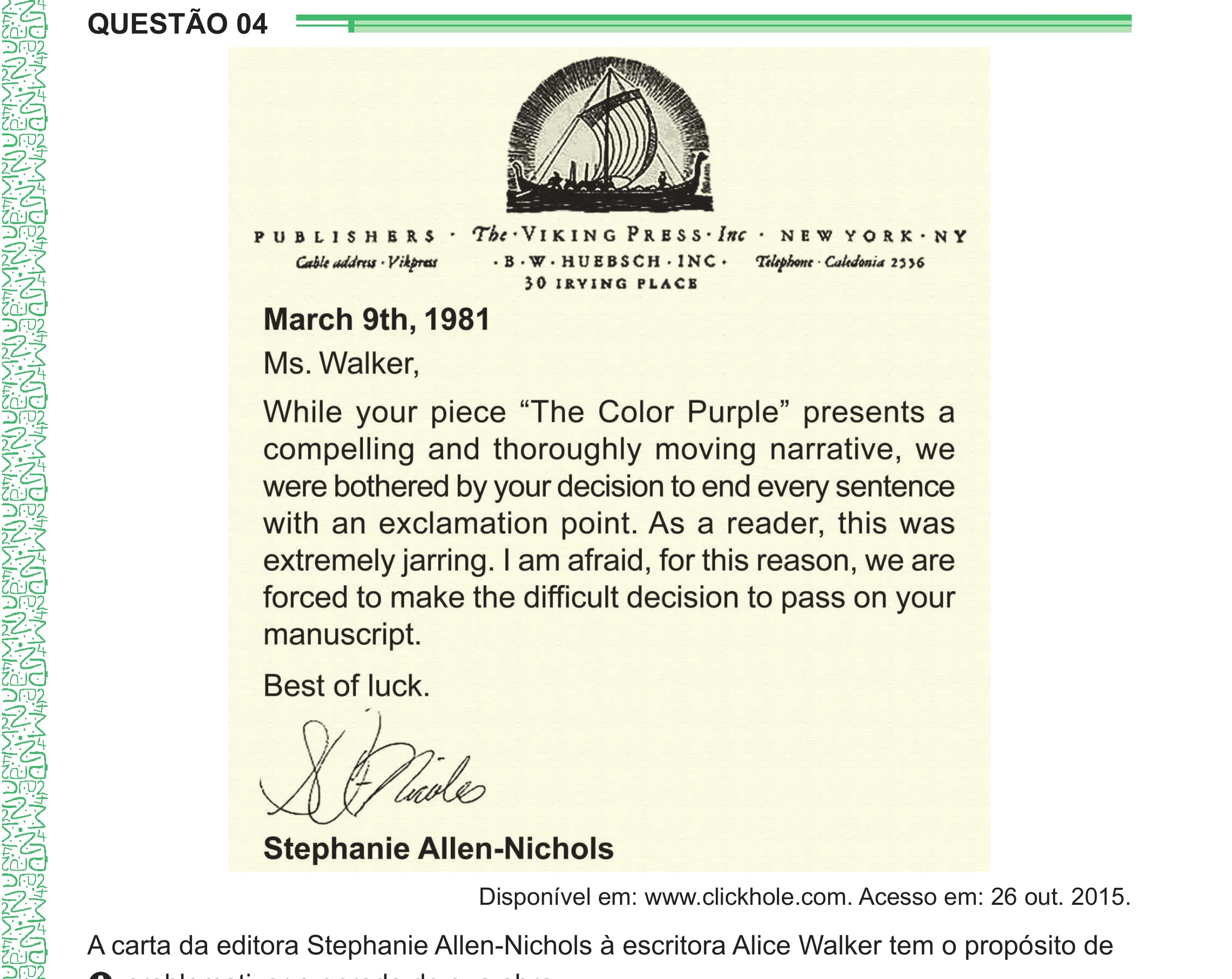 Enunciado original completo da questão 4 (inglês) do ENEM 2024 - 1º Dia – Caderno 4 – Verde – Aplicação Regular - (Ampliada), página 5.