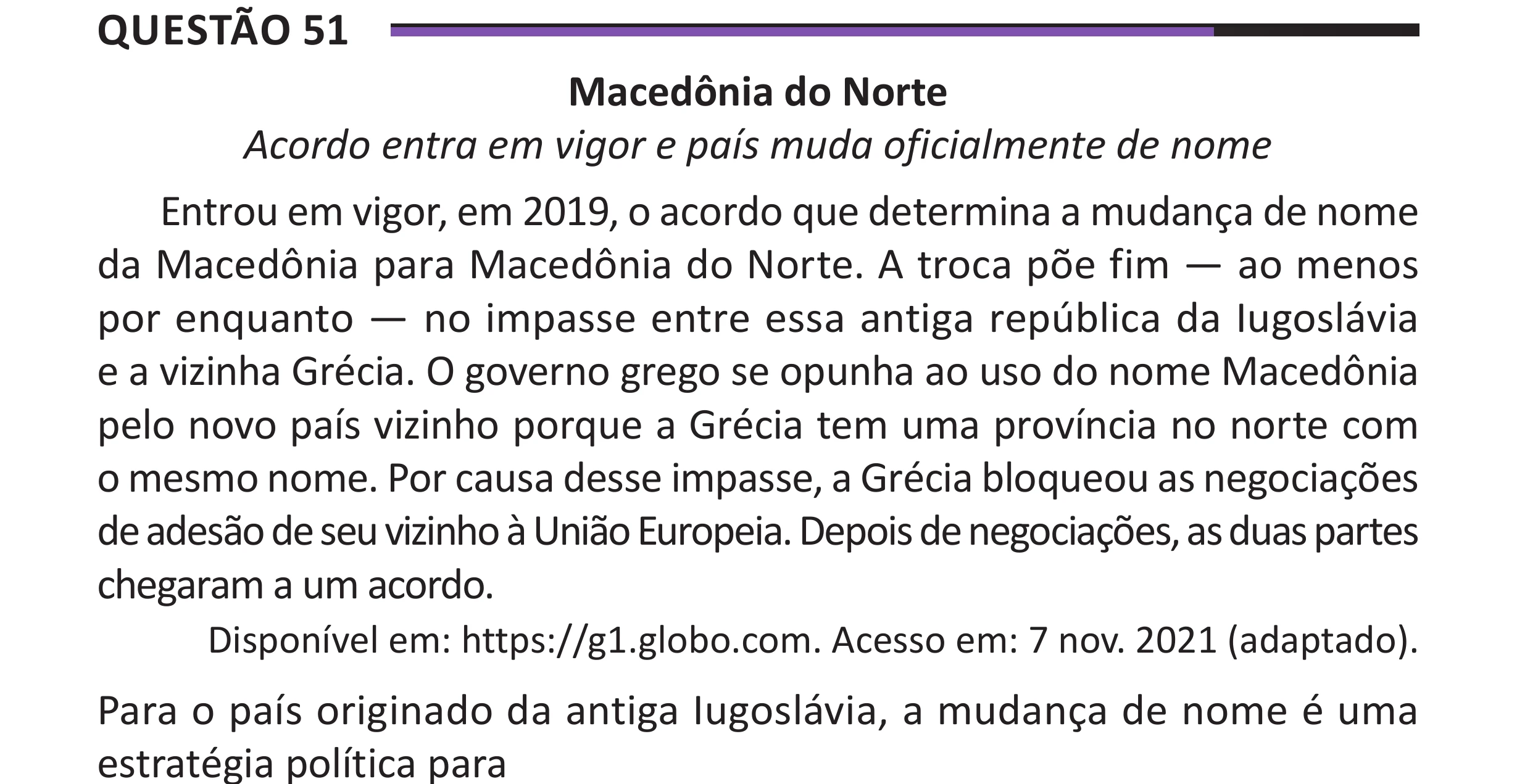Enunciado original completo da questão 51 do ENEM 2025 - 1º Dia – Caderno 10 – Roxo (Libras) – Aplicação Regular - (Superampliada), página 60.