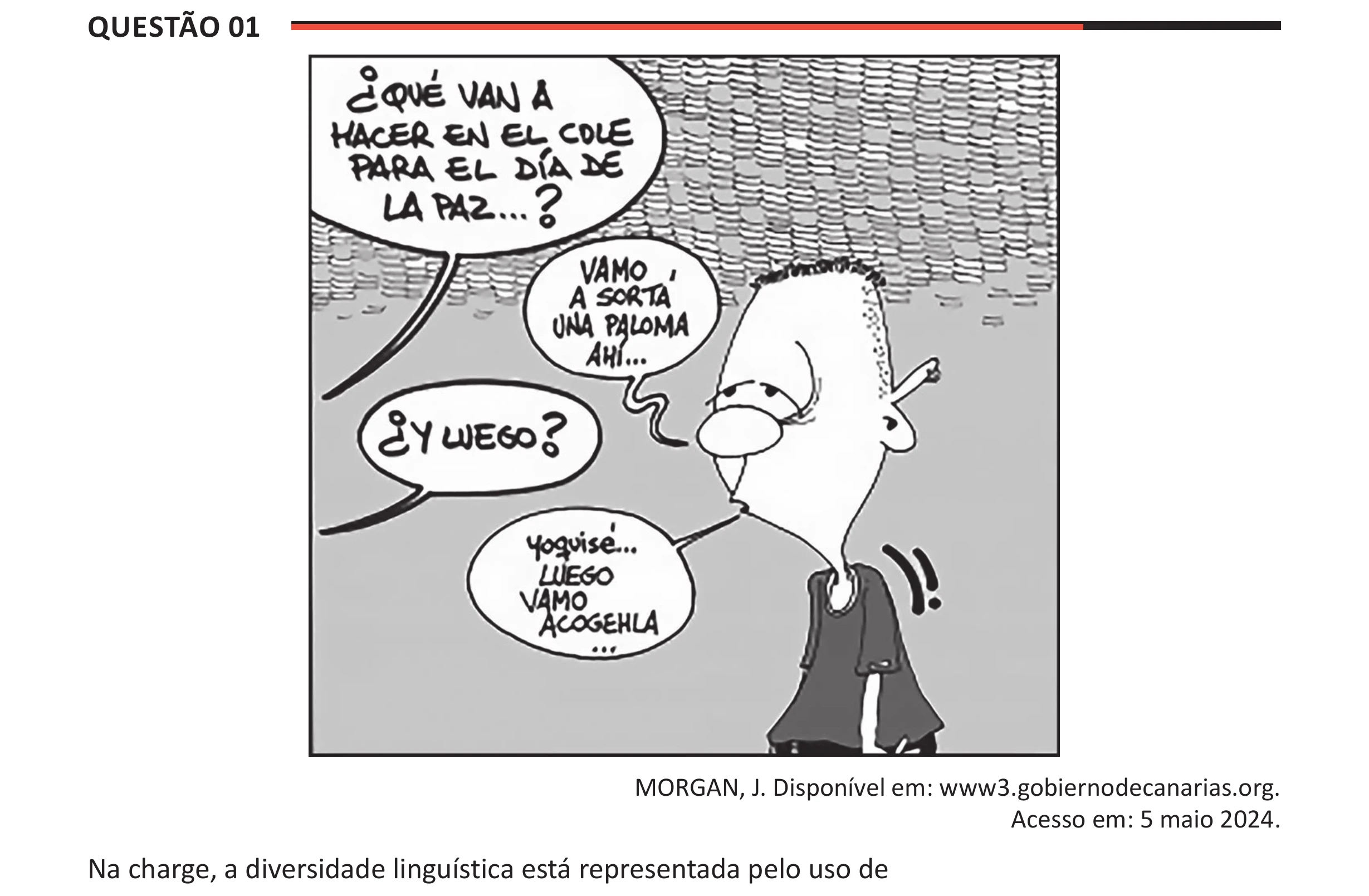 Enunciado original completo da questão 1 (espanhol) do ENEM 2025 - 1º Dia – Caderno 9 – Laranja (Braile e ledor) – Aplicação Regular - (Ampliada), página 6.