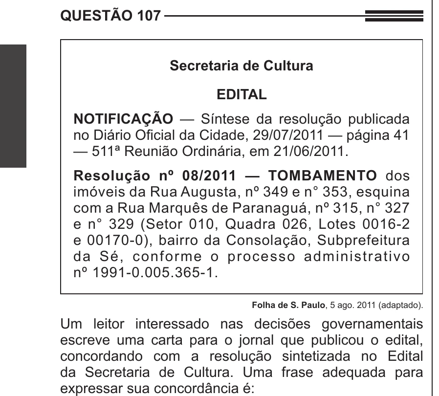 Enunciado original completo da questão 107 do ENEM 2013 - 2º Dia - Caderno 7 - Azul – Aplicação regular, página 10.