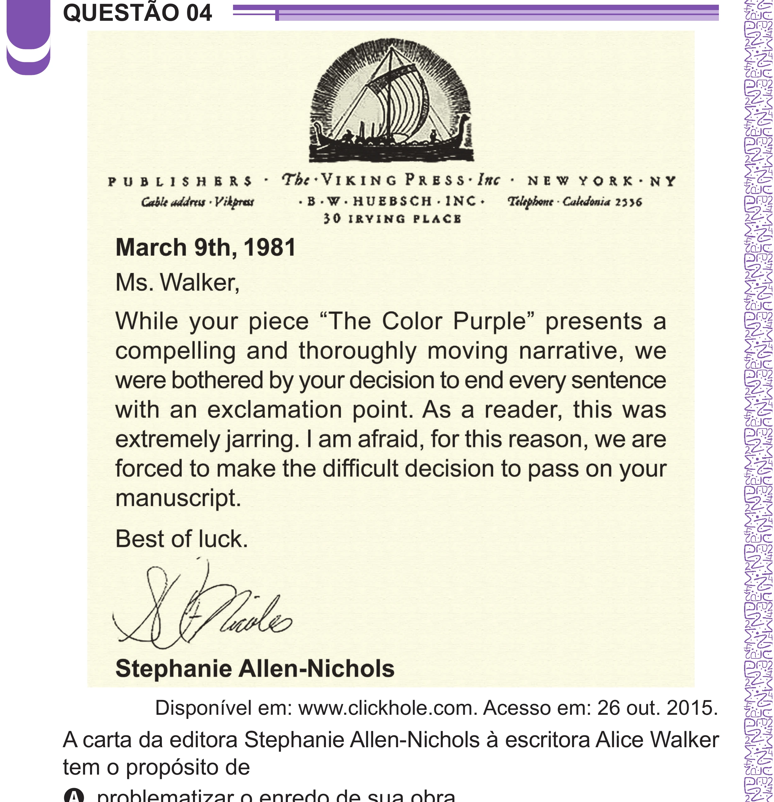 Enunciado original completo da questão 4 (inglês) do ENEM 2024 - 1º Dia – Caderno 10 – Roxo (Libras) – Aplicação Regular - (Superampliada), página 6.