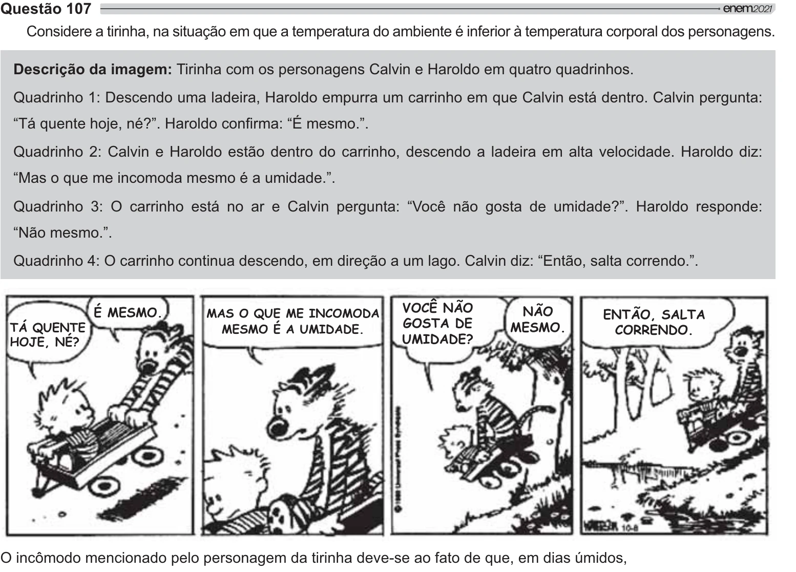 Enunciado original completo da questão 107 do ENEM 2021 - 2º Dia – Caderno 11 – Laranja (braile e ledor) – Aplicação Regular, página 6.
