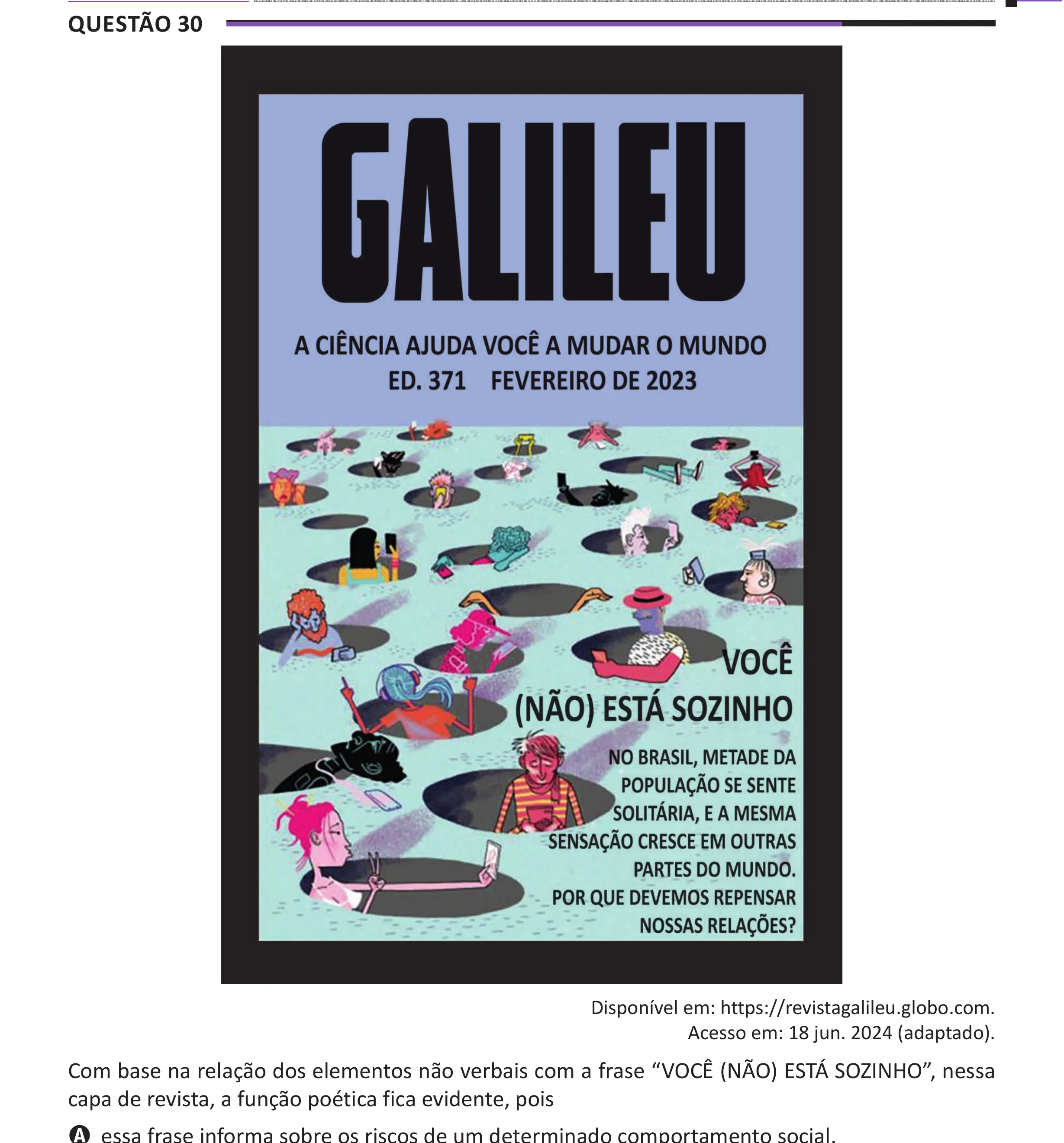 Enunciado original completo da questão 30 do ENEM 2025 - 1º Dia – Caderno 10 – Roxo (Libras) – Aplicação Regular - (Ampliada), página 25.