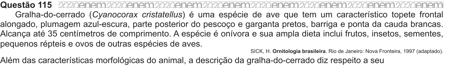 Enunciado original completo da questão 115 do ENEM 2020 - 2º Dia – Caderno 8 – Rosa – Reaplicação/PPL, página 8.