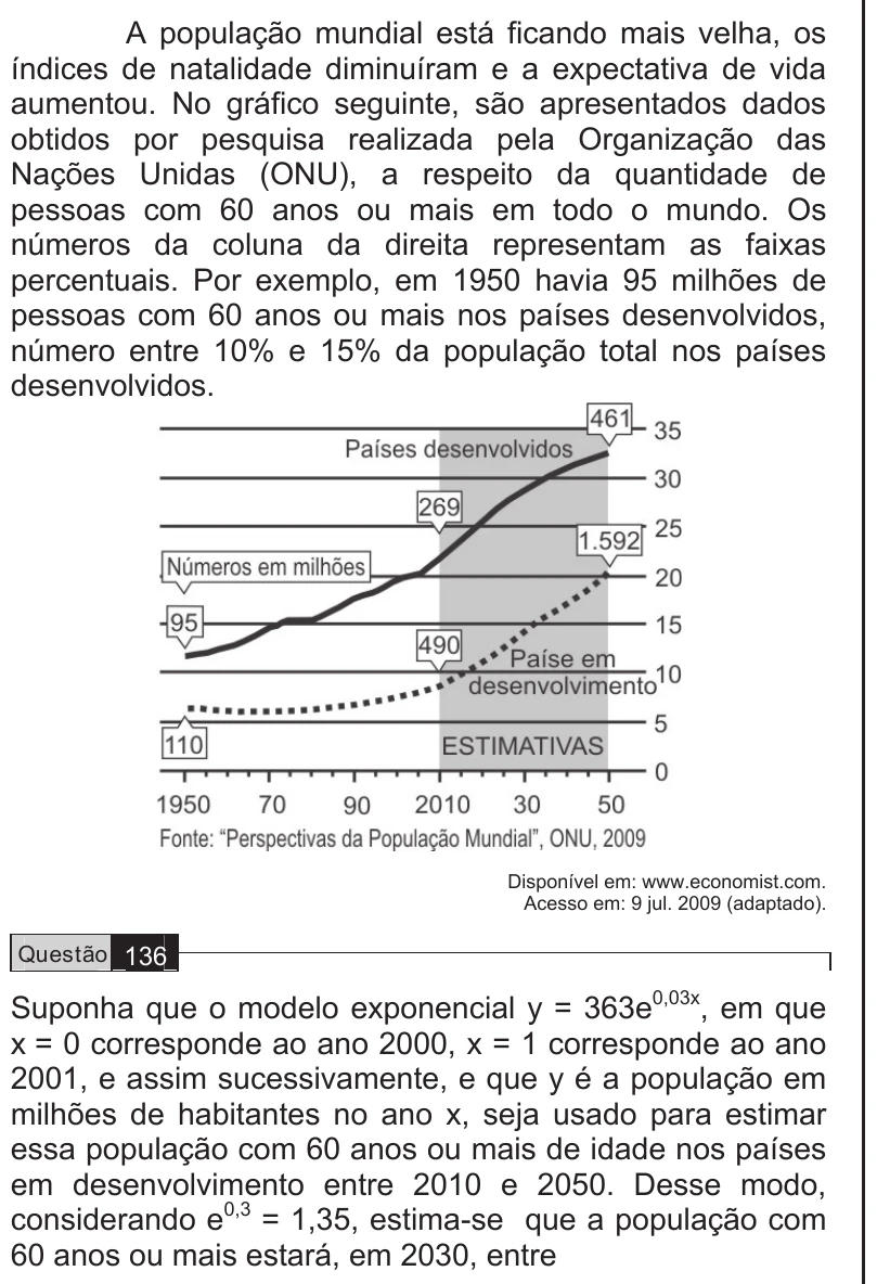 Enunciado original completo da questão 136 do ENEM 2009 - 2º Dia - Caderno 6 - Cinza, página 20.