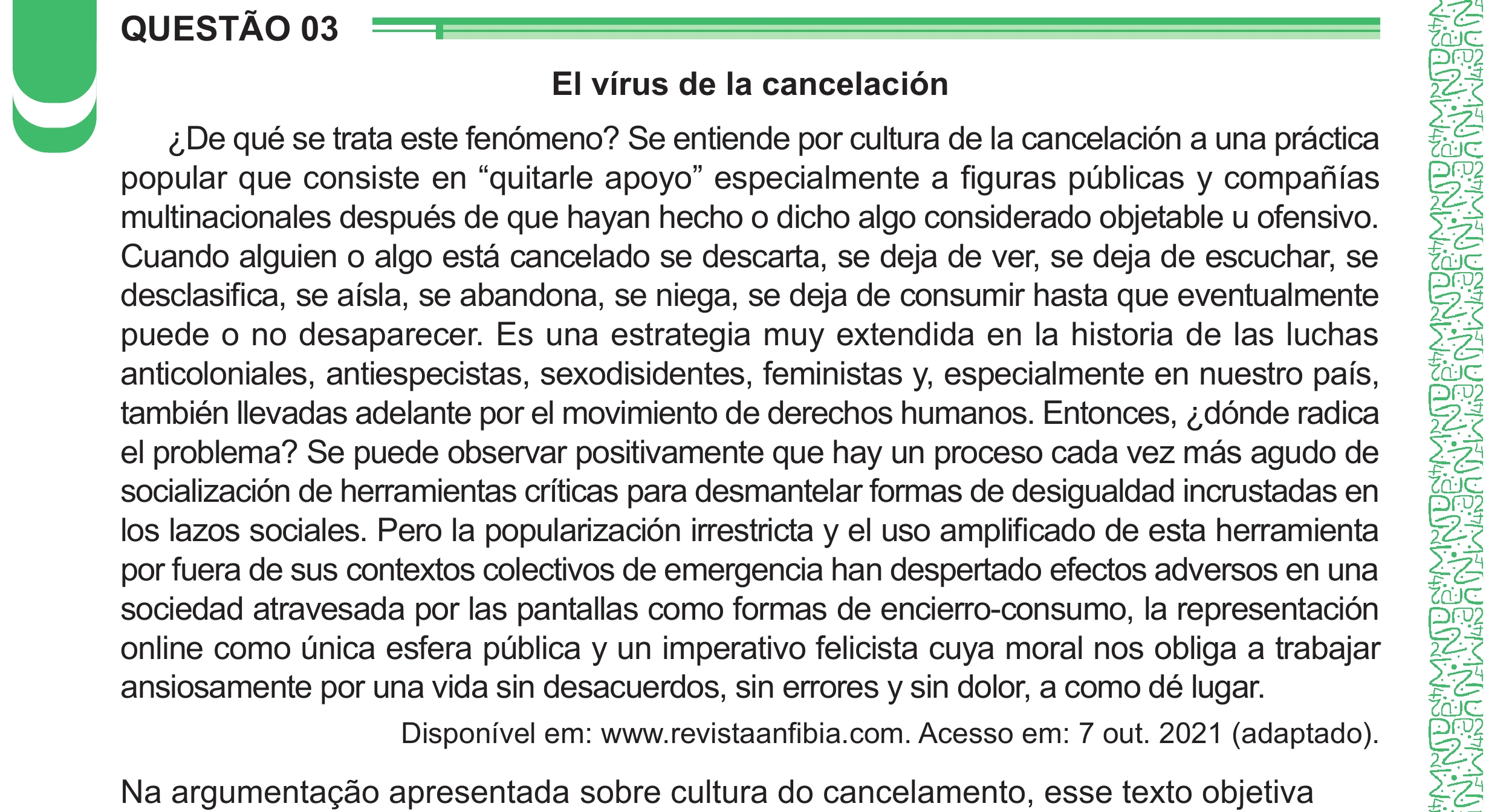 Enunciado original completo da questão 3 (espanhol) do ENEM 2024 - 1º Dia – Caderno 4 – Verde – Aplicação Regular - (Ampliada), página 8.