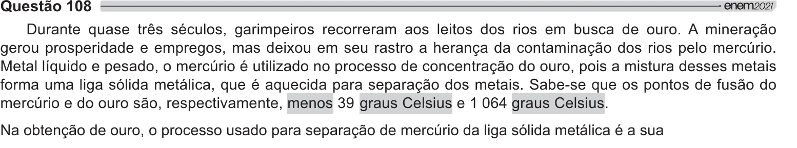 Enunciado original completo da questão 108 do ENEM 2021 - 2º Dia – Caderno 11 – Laranja (braile e ledor) – Aplicação Regular, página 6.
