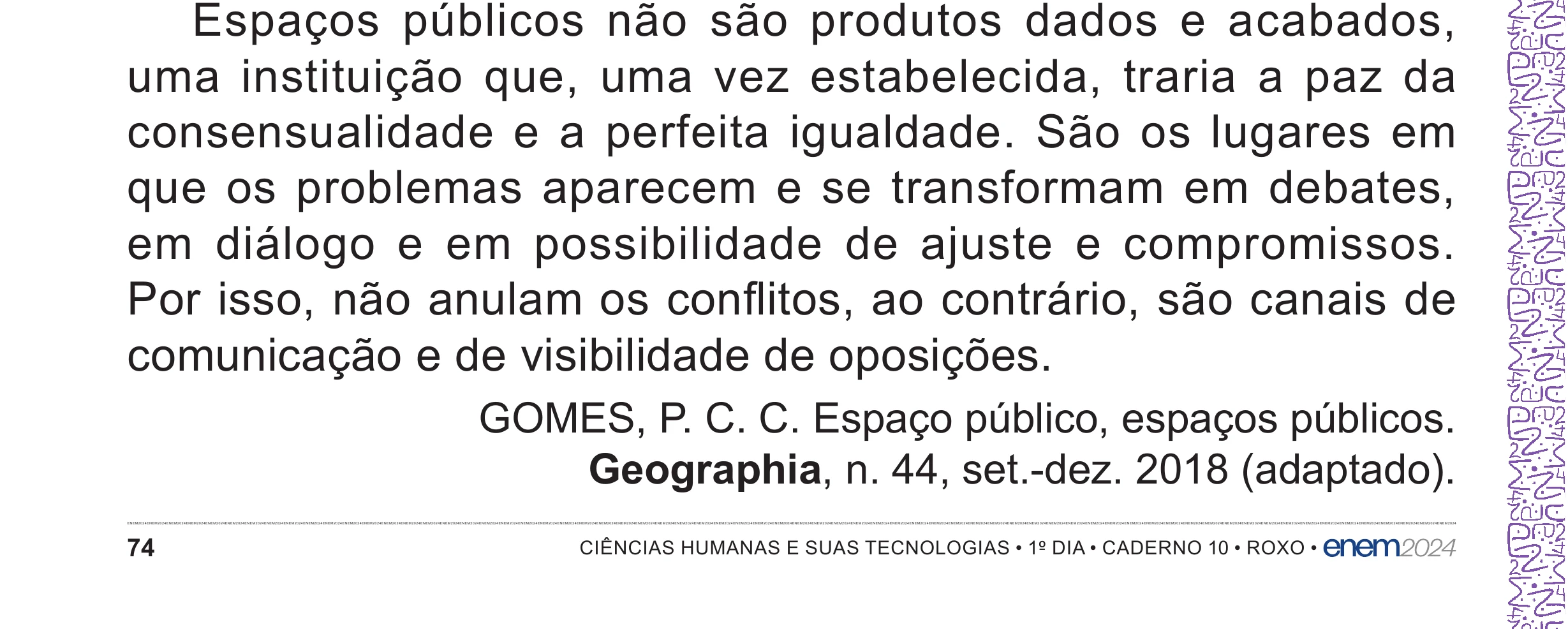 Enunciado original completo da questão 65 do ENEM 2024 - 1º Dia – Caderno 10 – Roxo (Libras) – Aplicação Regular - (Superampliada), página 74.
