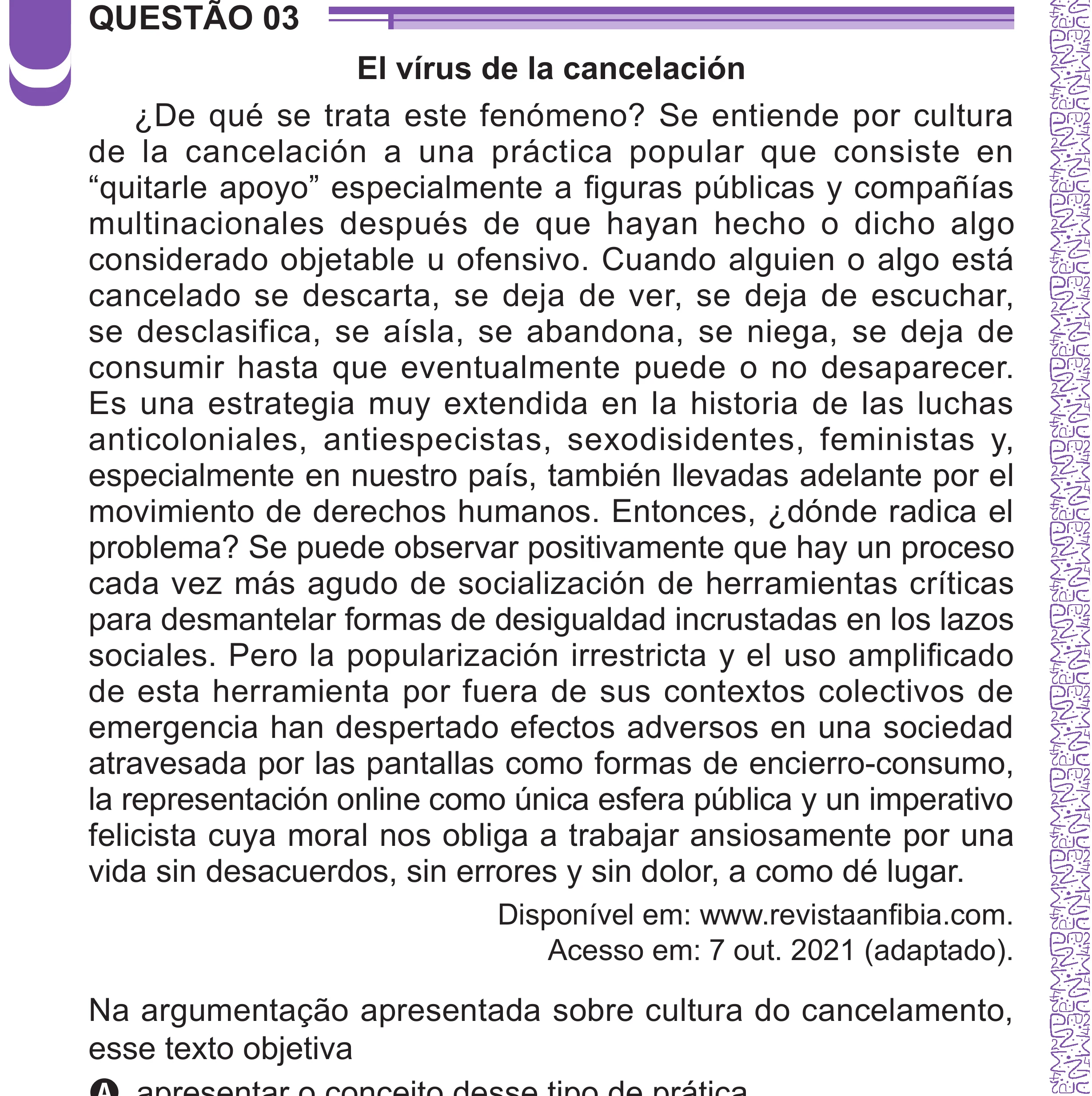 Enunciado original completo da questão 3 (espanhol) do ENEM 2024 - 1º Dia – Caderno 10 – Roxo (Libras) – Aplicação Regular - (Superampliada), página 10.
