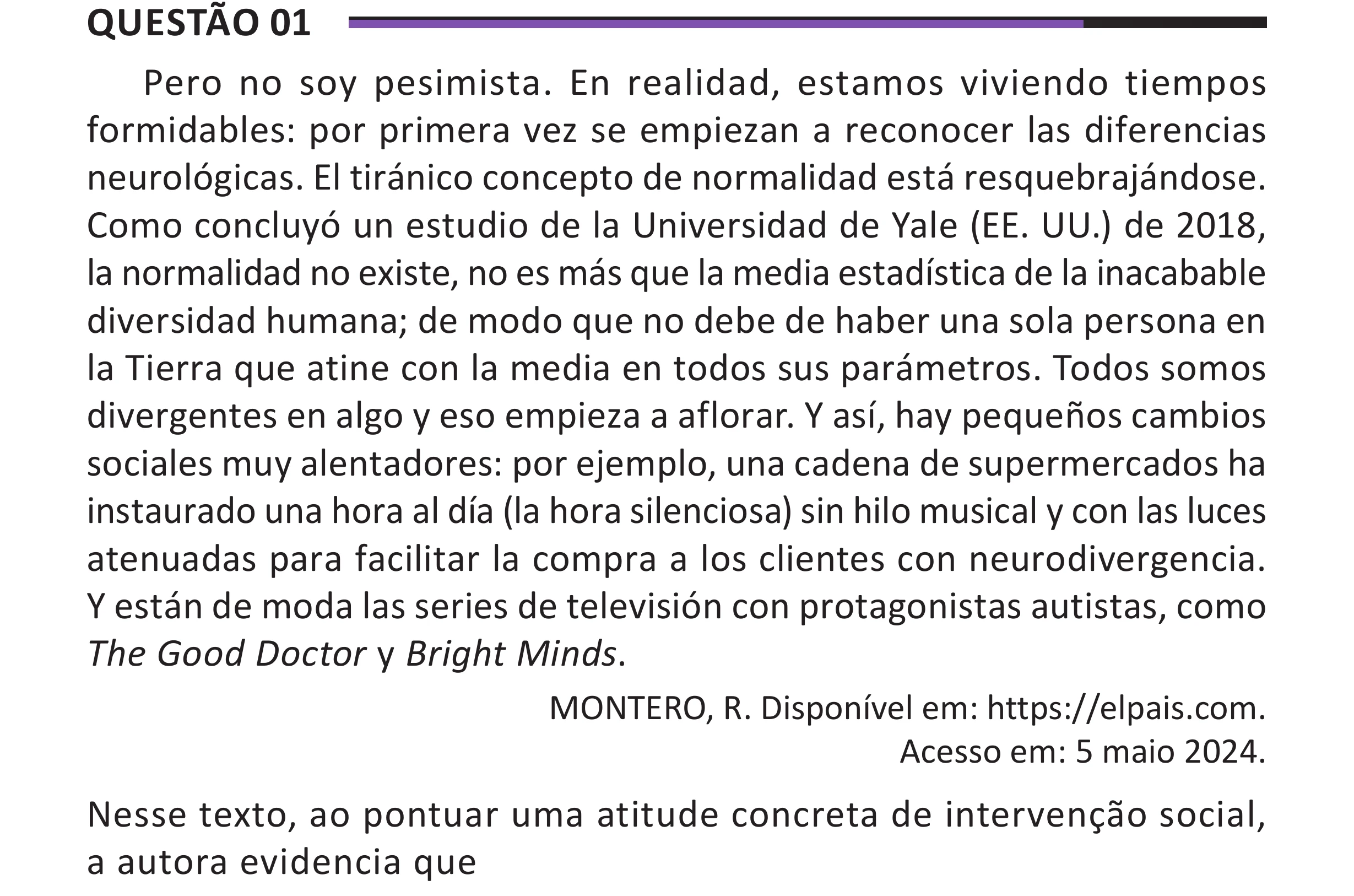 Enunciado original completo da questão 1 (espanhol) do ENEM 2025 - 1º Dia – Caderno 10 – Roxo (Libras) – Aplicação Regular - (Superampliada), página 8.