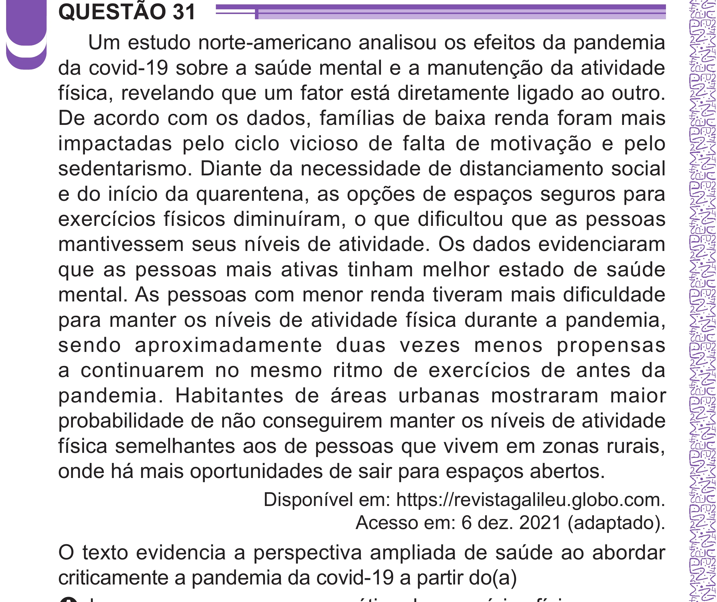 Enunciado original completo da questão 31 do ENEM 2024 - 1º Dia – Caderno 10 – Roxo (Libras) – Aplicação Regular - (Superampliada), página 42.