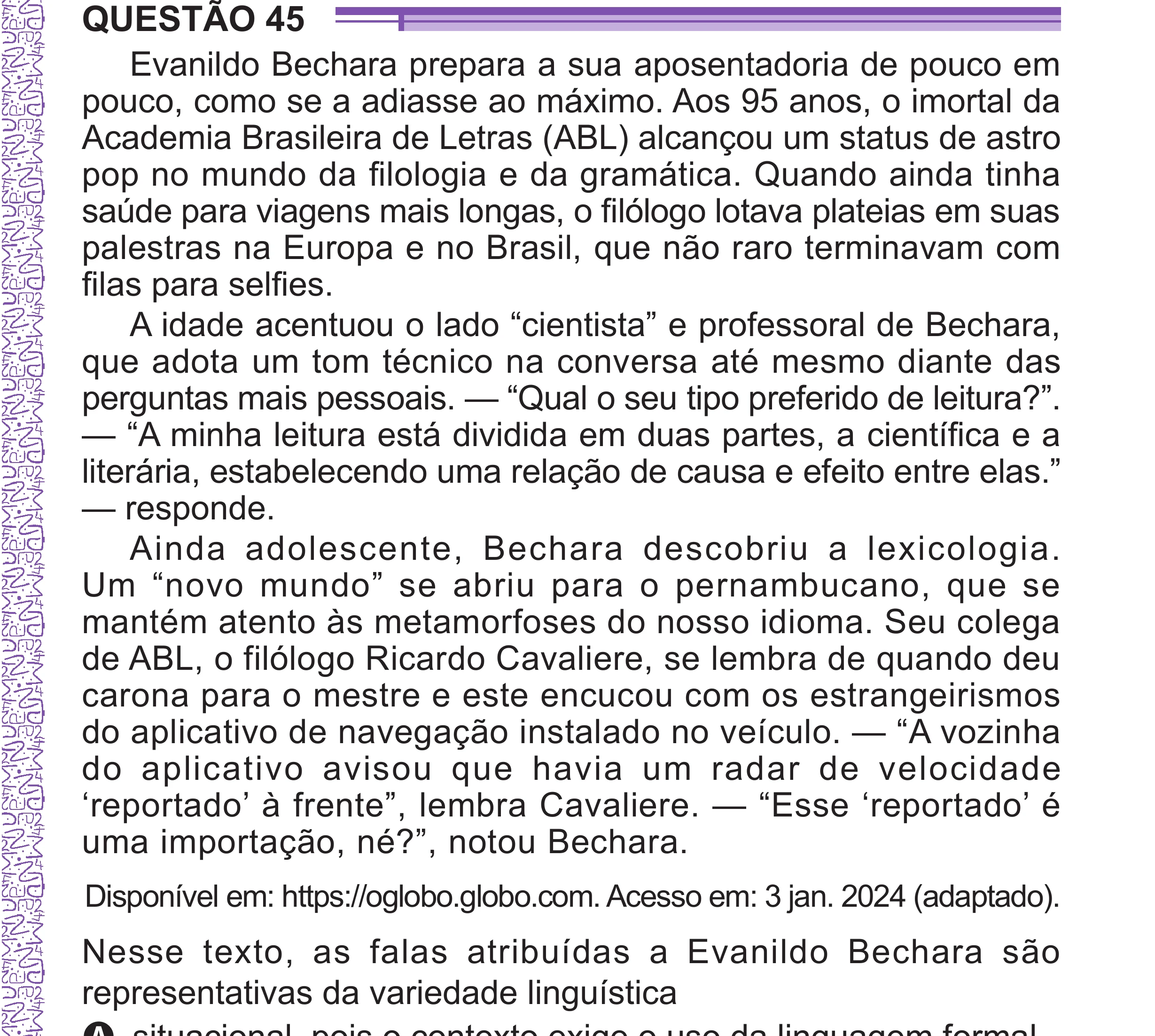 Enunciado original completo da questão 45 do ENEM 2024 - 1º Dia – Caderno 10 – Roxo (Libras) – Aplicação Regular - (Superampliada), página 57.