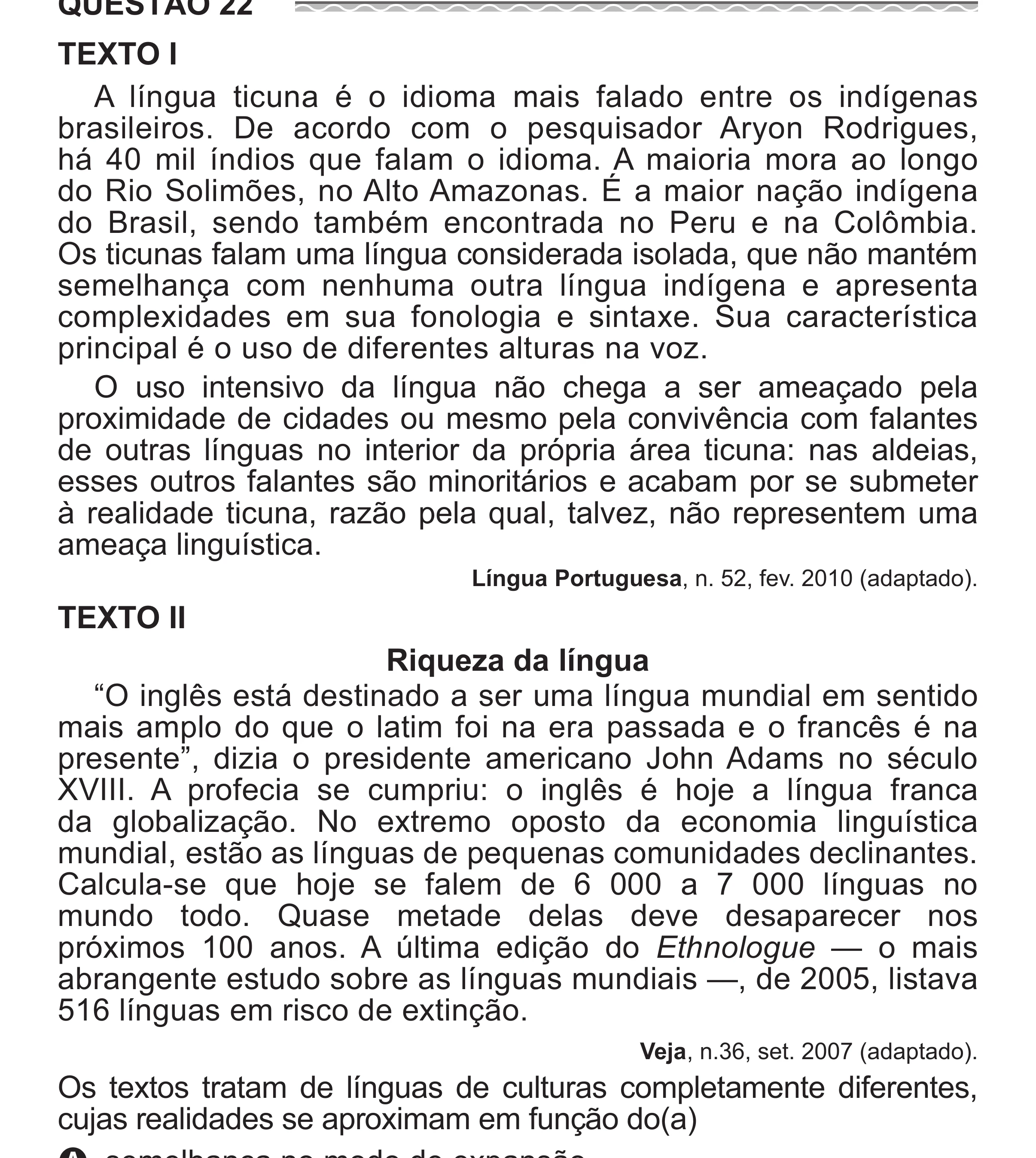 Enunciado original completo da questão 22 do ENEM 2017 - 1º Dia - Caderno 1 - Azul (Superampliada) – Aplicação regular, página 27.