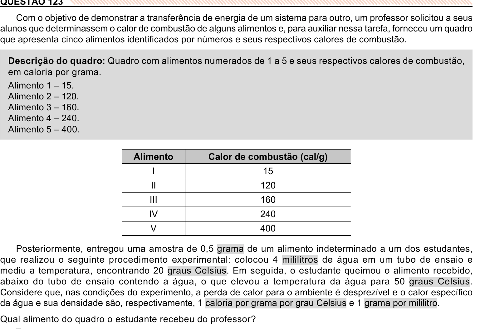 Enunciado original completo da questão 123 do ENEM 2023 - 2º Dia – Caderno 11 – Laranja (braile e ledor) – Reaplicação/PPL, página 13.