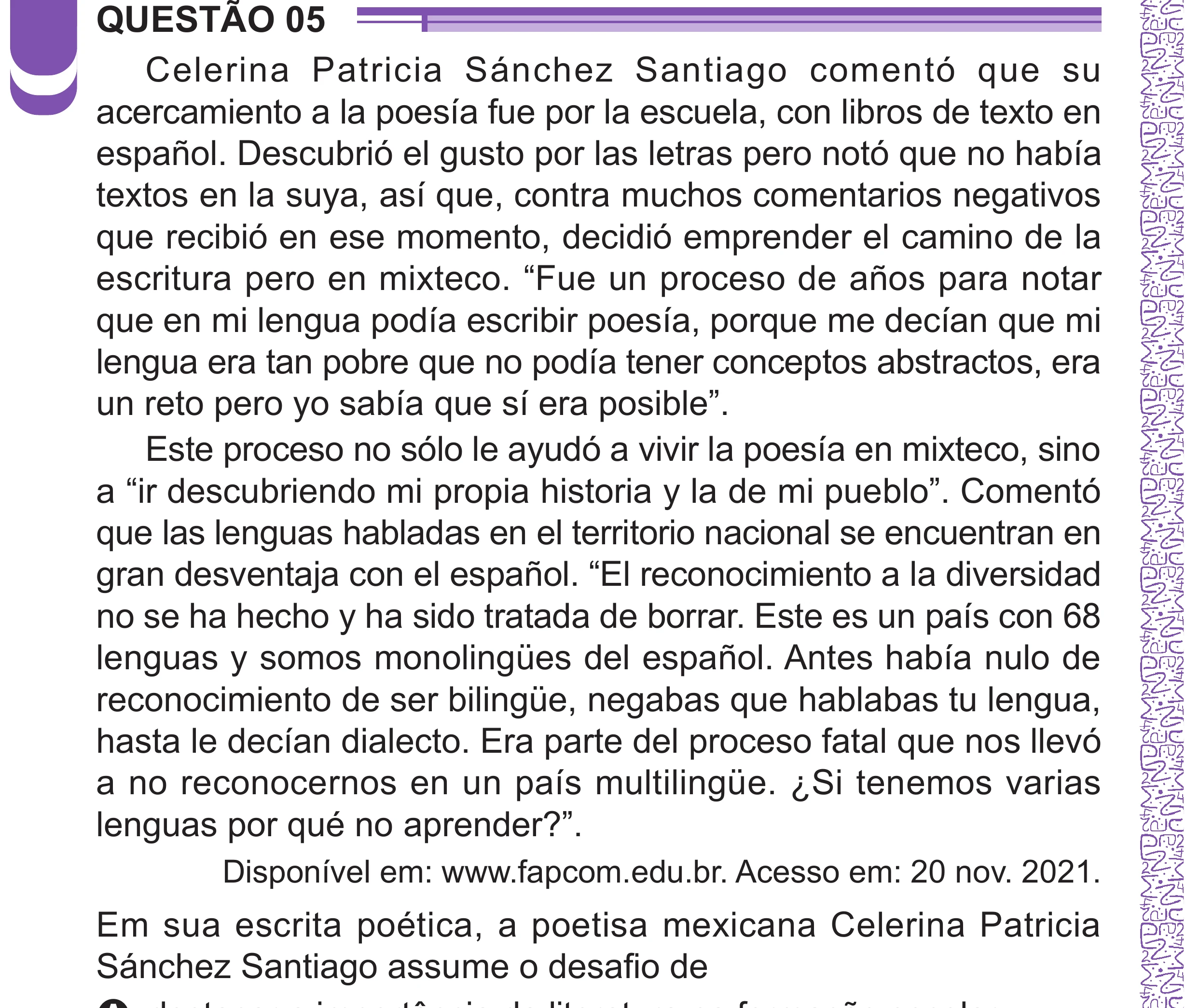 Enunciado original completo da questão 5 (espanhol) do ENEM 2024 - 1º Dia – Caderno 10 – Roxo (Libras) – Aplicação Regular - (Superampliada), página 12.