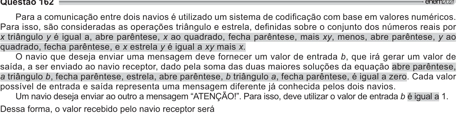 Enunciado original completo da questão 162 do ENEM 2021 - 2º Dia – Caderno 11 – Laranja (braile e ledor) – Aplicação Regular, página 25.