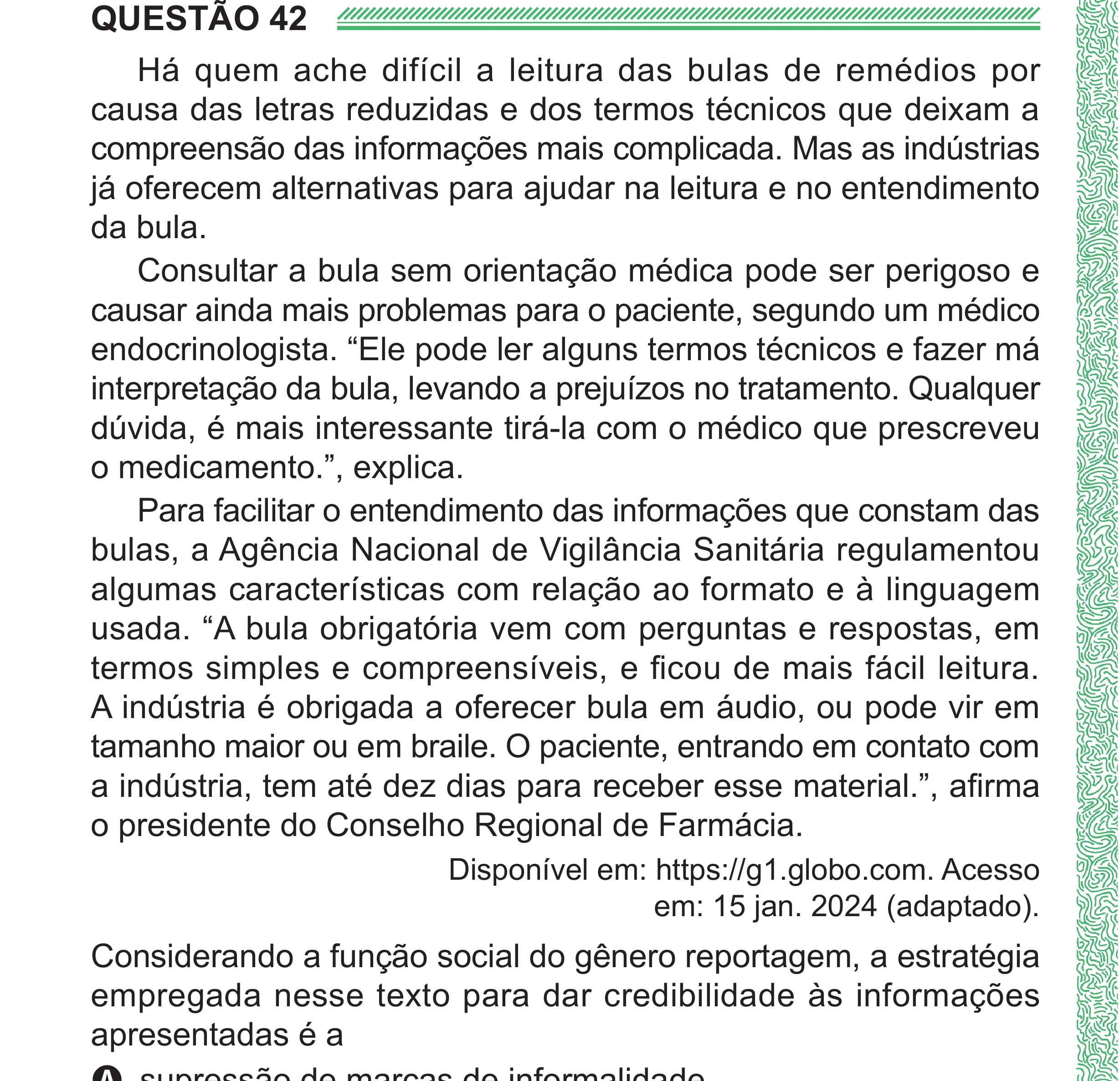 Enunciado original completo da questão 42 do ENEM 2024 - 1º Dia – Caderno 4 – Verde (Superampliada) – Reaplicação/PPL, página 50.