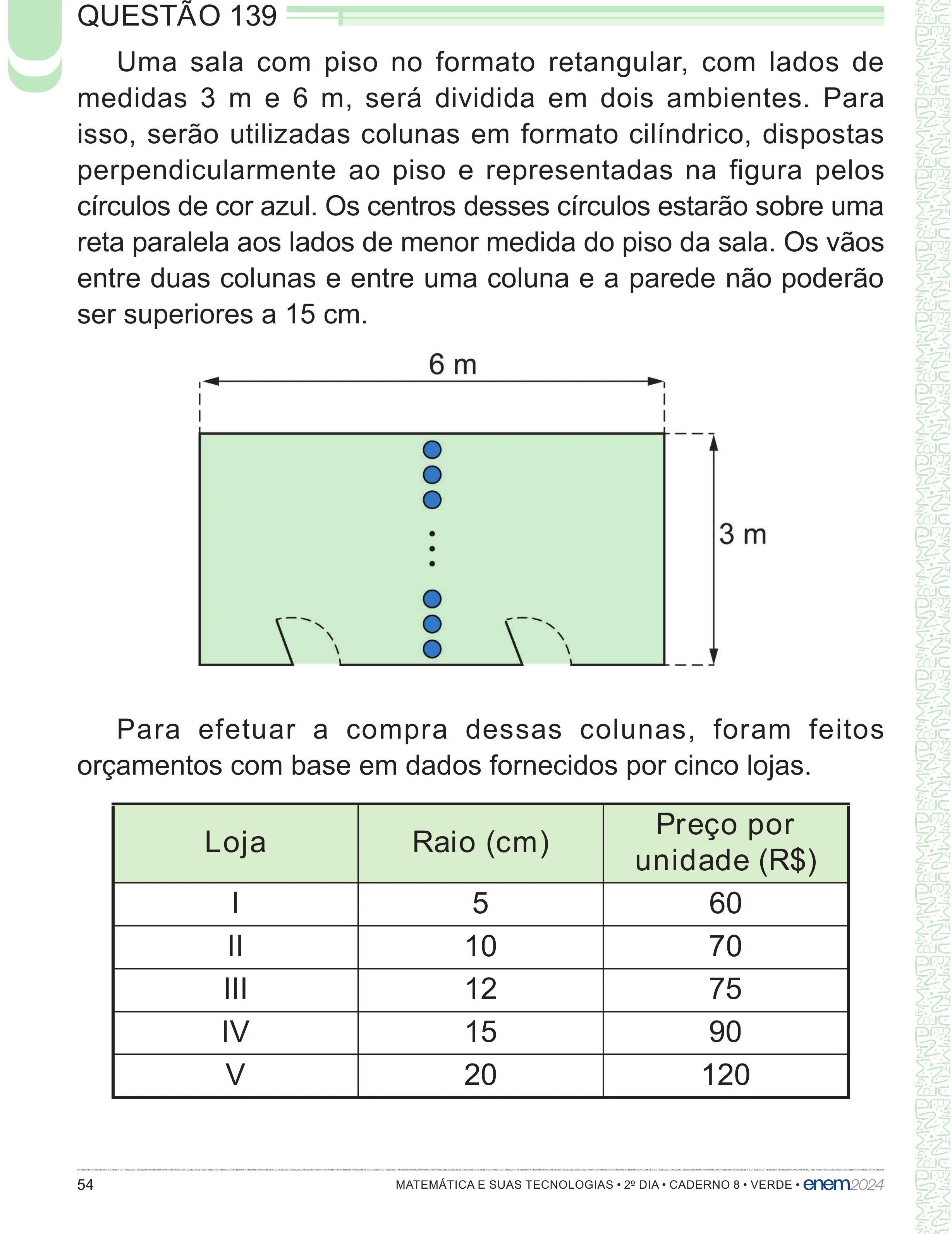 Enunciado original completo da questão 139 do ENEM 2024 - 2º Dia – Caderno 8 – Verde – Aplicação Regular - (Superampliada), página 54.
